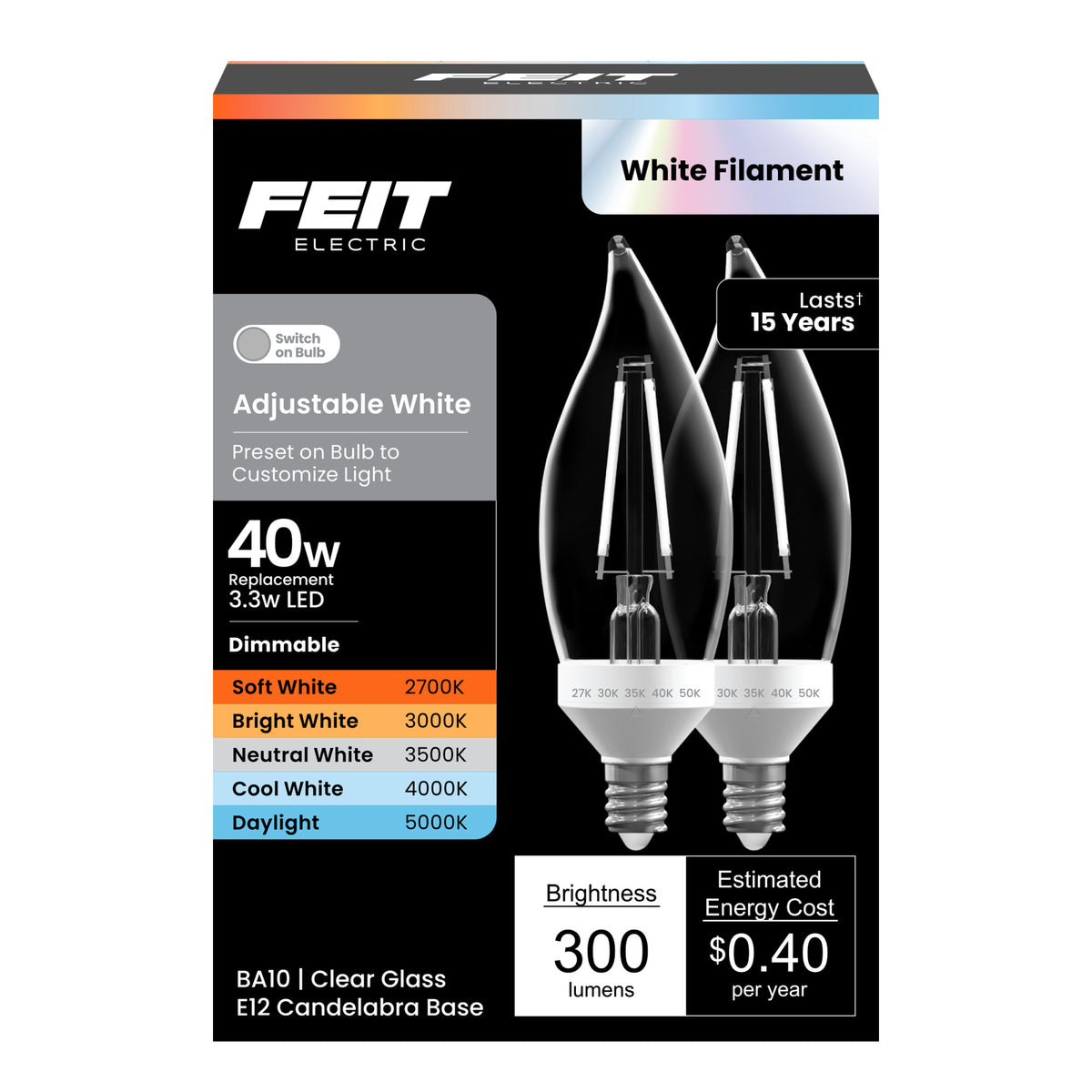 3.3W (40W Equivalent) Adjustable White E12 Base BA10 Flame Tip White Filament LED Bulb (2-Pack)