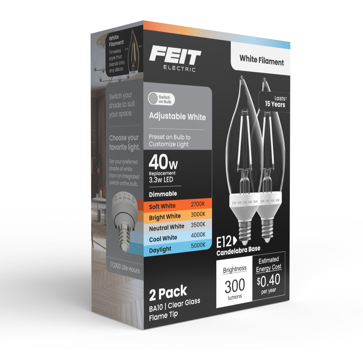 3.3W (40W Equivalent) Adjustable White E12 Base BA10 Flame Tip White Filament LED Bulb (2-Pack)