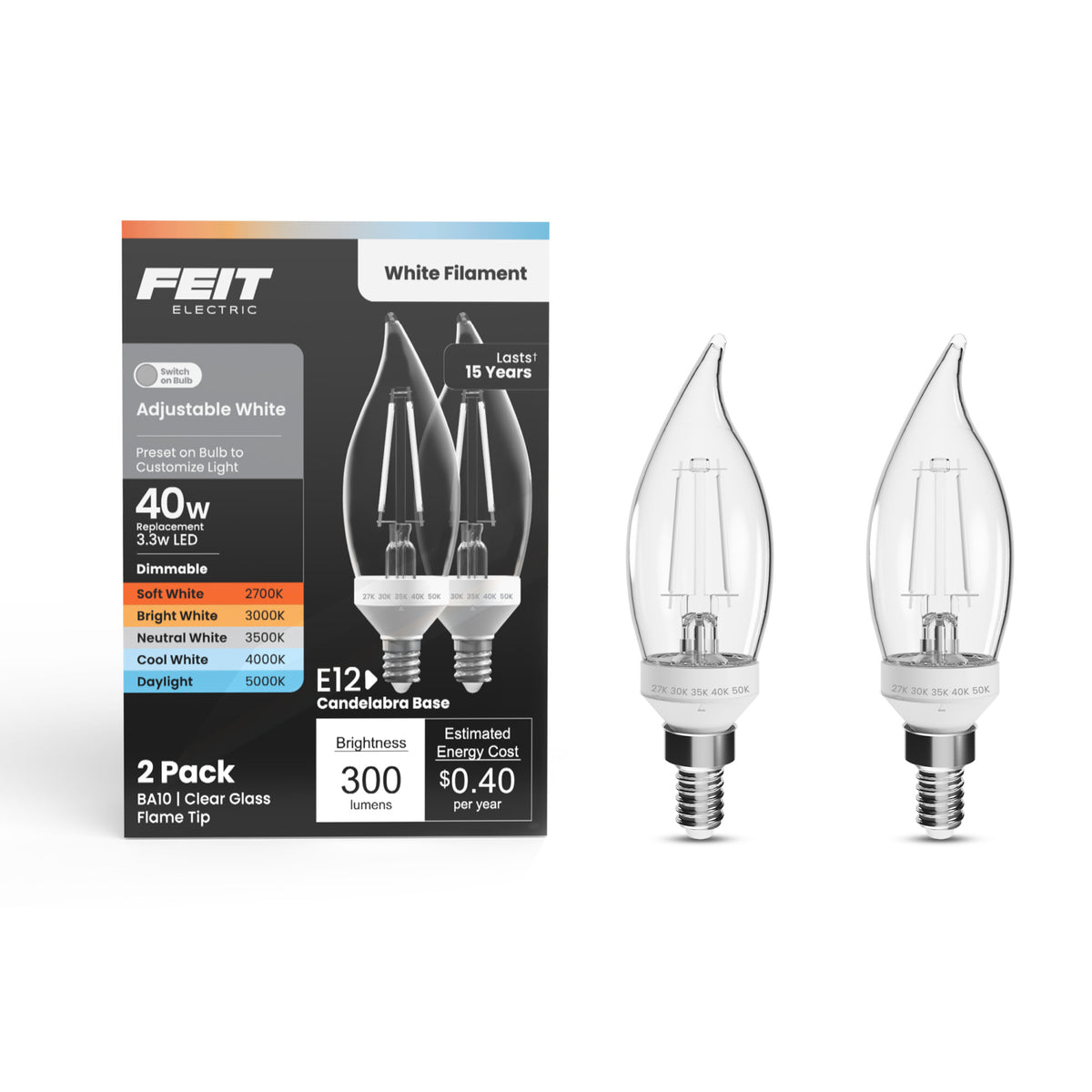 3.3W (40W Equivalent) Adjustable White E12 Base BA10 Flame Tip White Filament LED Bulb (2-Pack)