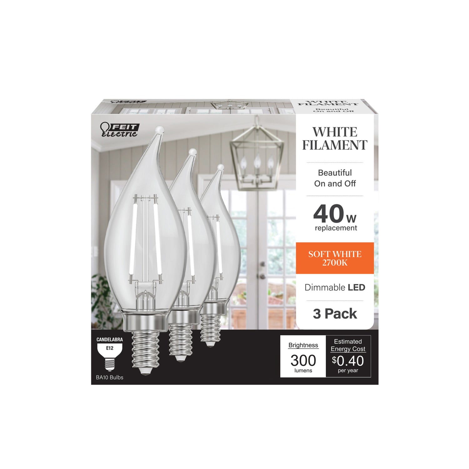 3.3W (40W Replacement) Soft White (2700K) Flame Tip BA10 (E12 Base) Exposed White Filament LED Bulb (3-Pack)