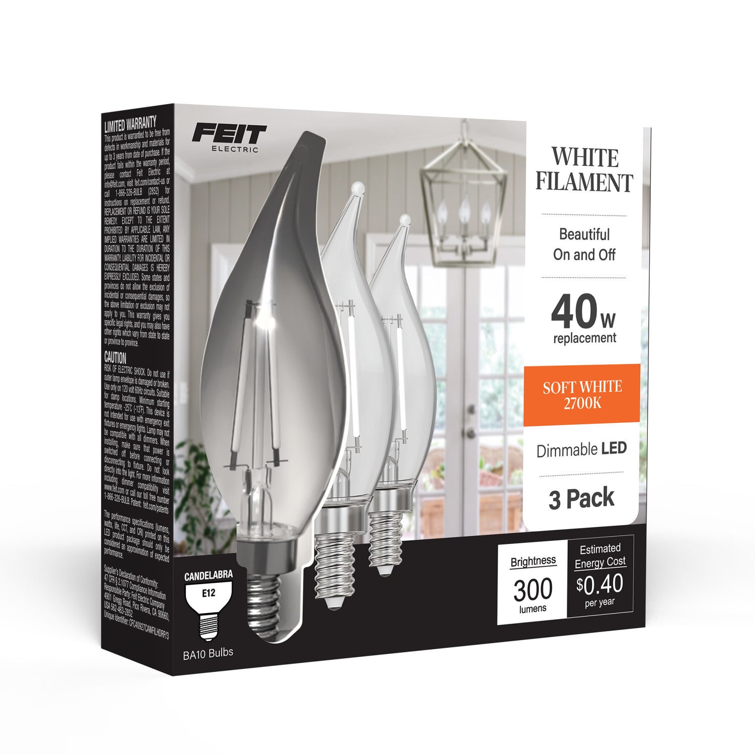 3.3W (40W Replacement) Soft White (2700K) Flame Tip BA10 (E12 Base) Exposed White Filament LED Bulb (3-Pack)