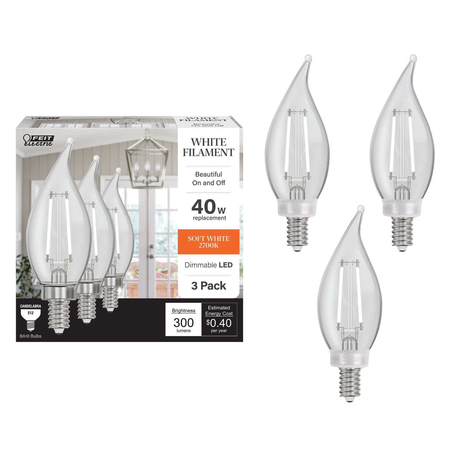 3.3W (40W Replacement) Soft White (2700K) Flame Tip BA10 (E12 Base) Exposed White Filament LED Bulb (3-Pack)