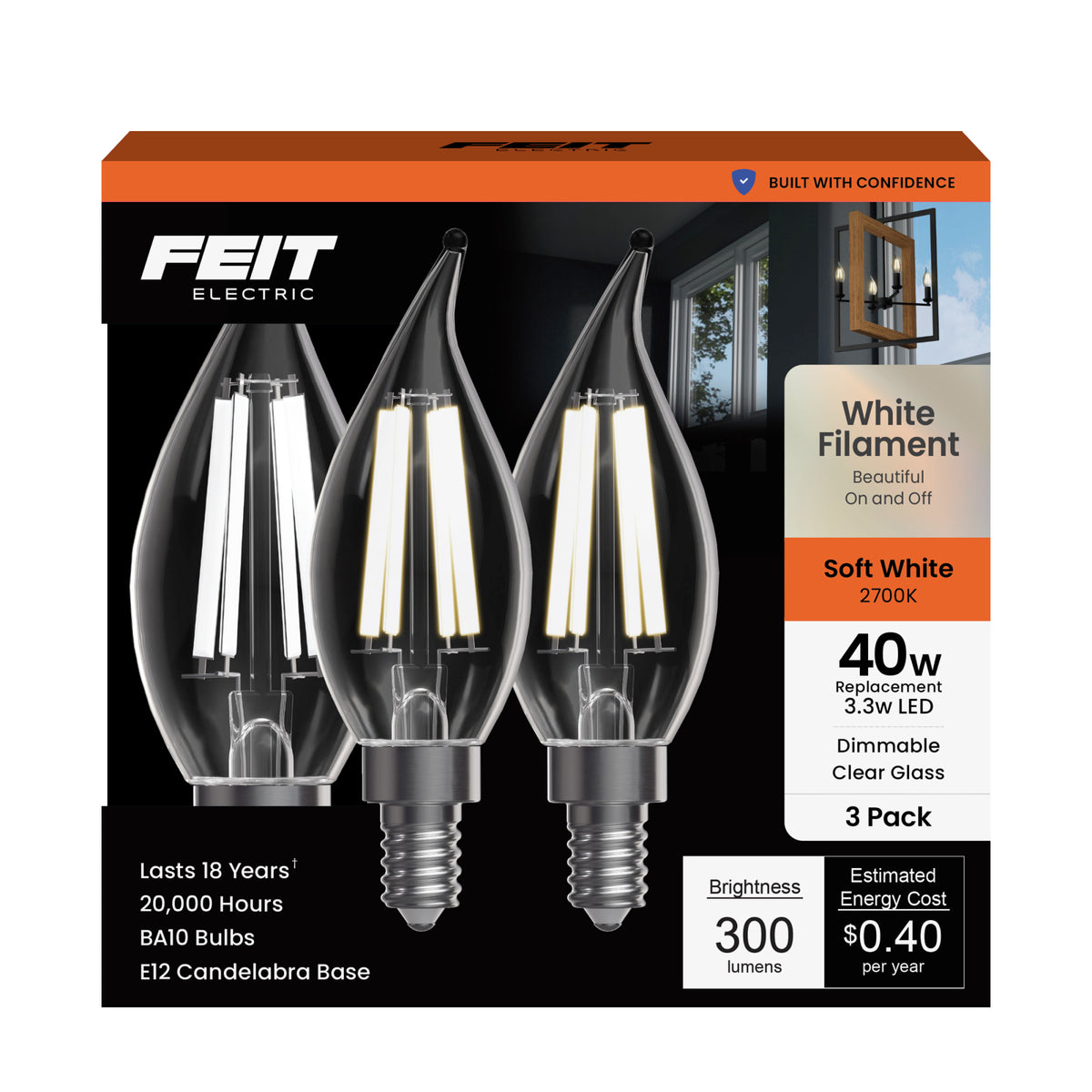 3.3W (40W Replacement) Soft White (2700K) Flame Tip BA10 (E12 Base) Exposed White Filament LED Bulb (3-Pack)