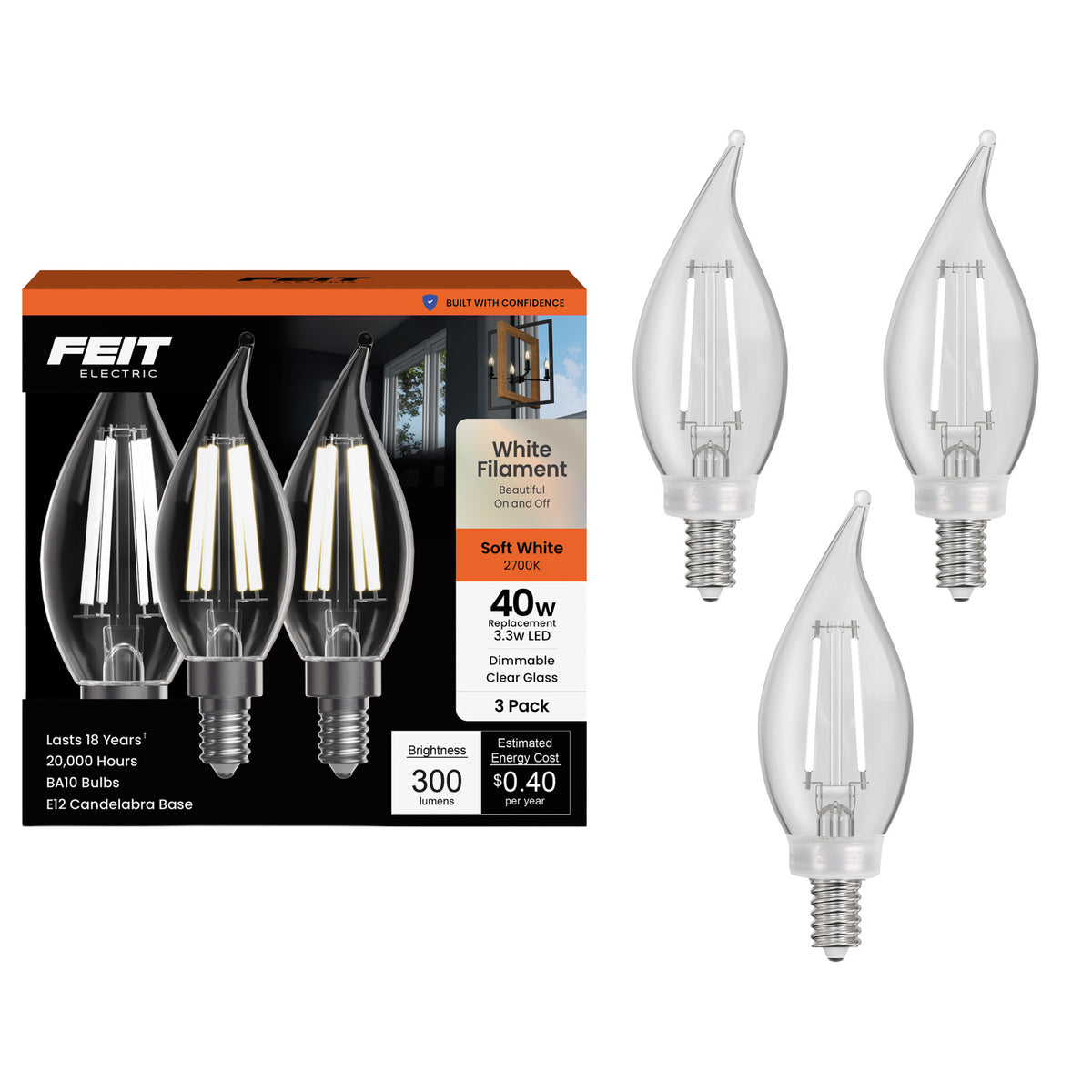 3.3W (40W Replacement) Soft White (2700K) Flame Tip BA10 (E12 Base) Exposed White Filament LED Bulb (3-Pack)