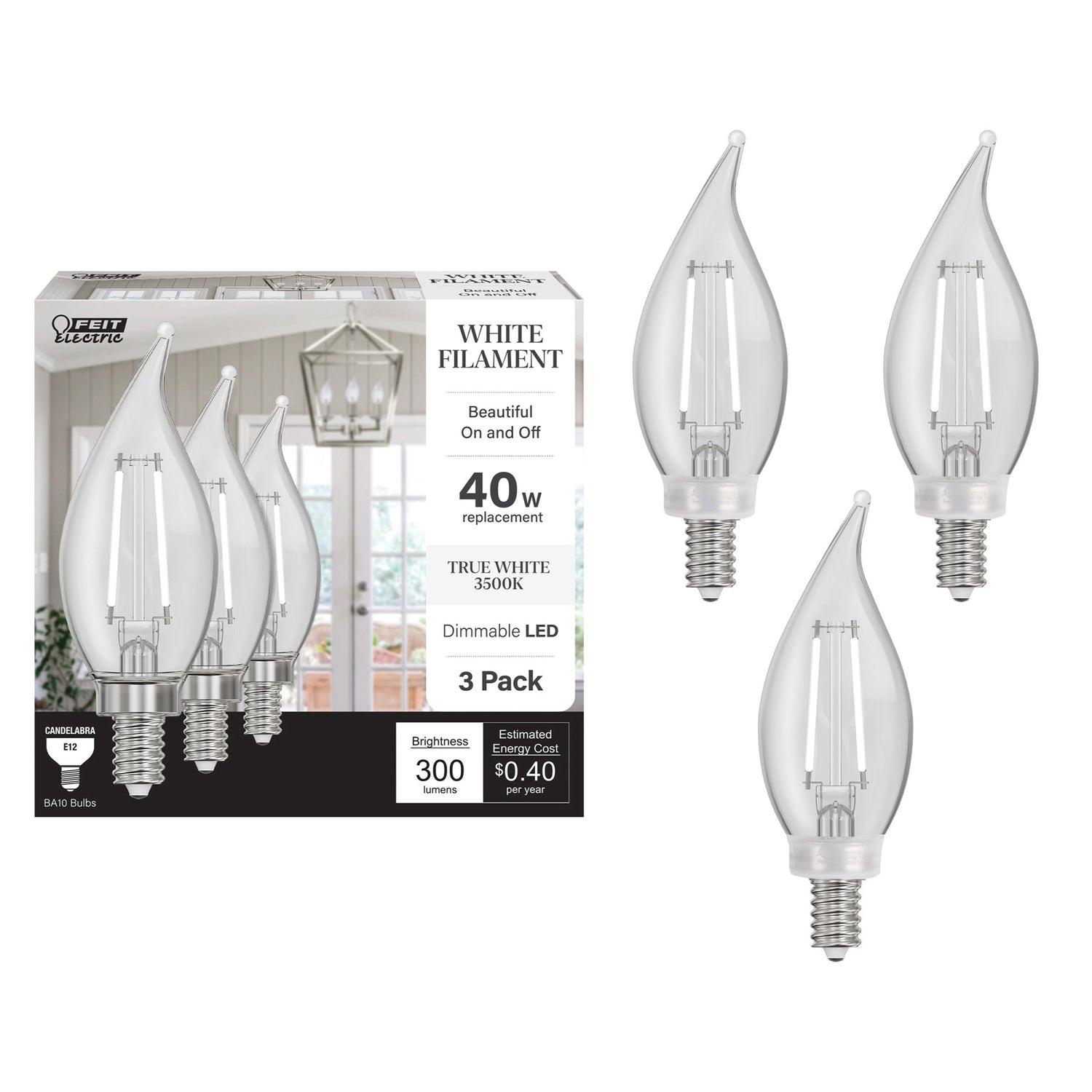 3.3W (40W Replacement) True White (3500K) Flame Tip BA10 (E12 Base) Exposed White Filament LED Bulb (3-Pack)
