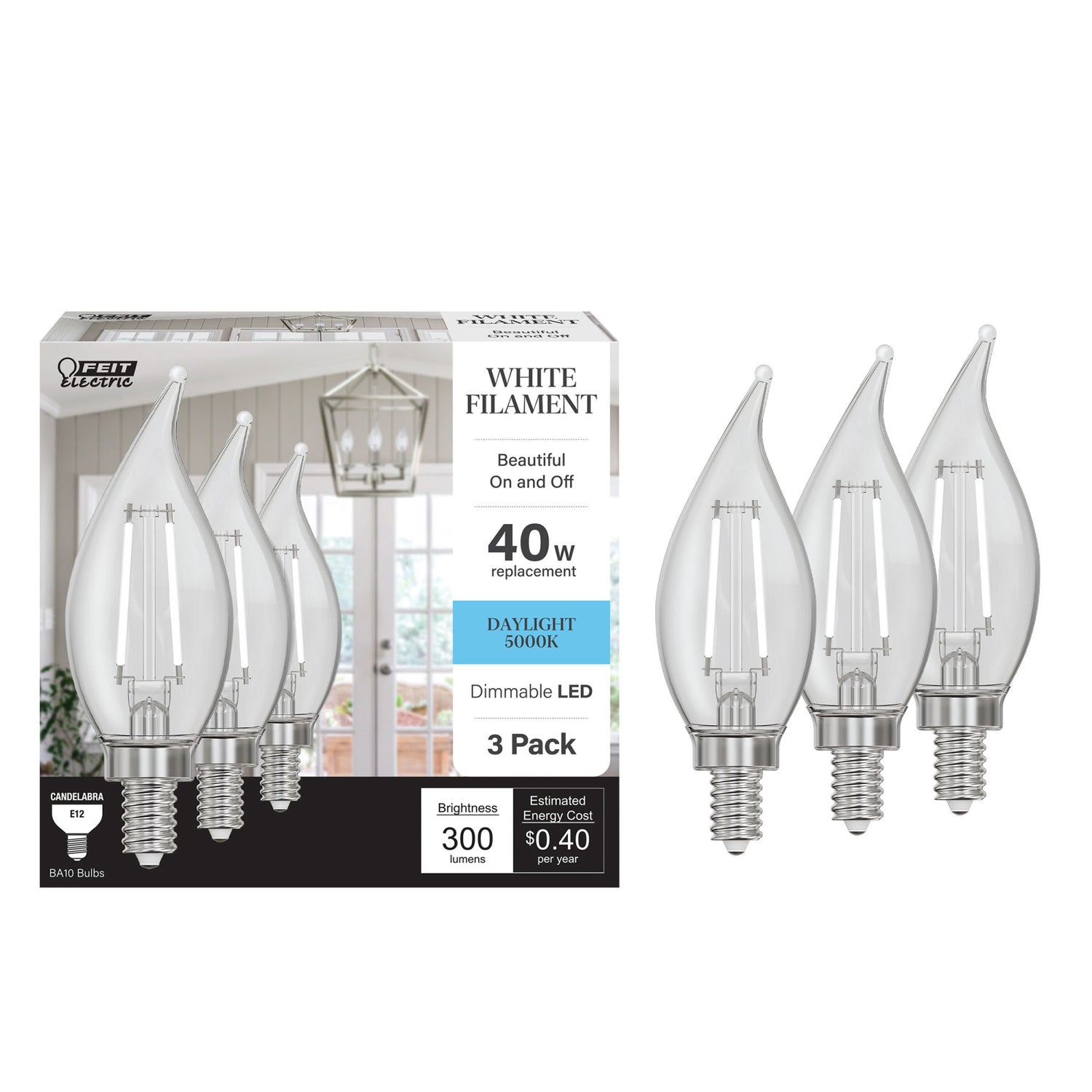 3.3W (40W Equivalent) Daylight White (5000K) BA10 (E12 Base) Flame Tip Exposed White Filament LED Bulb (3-Pack)