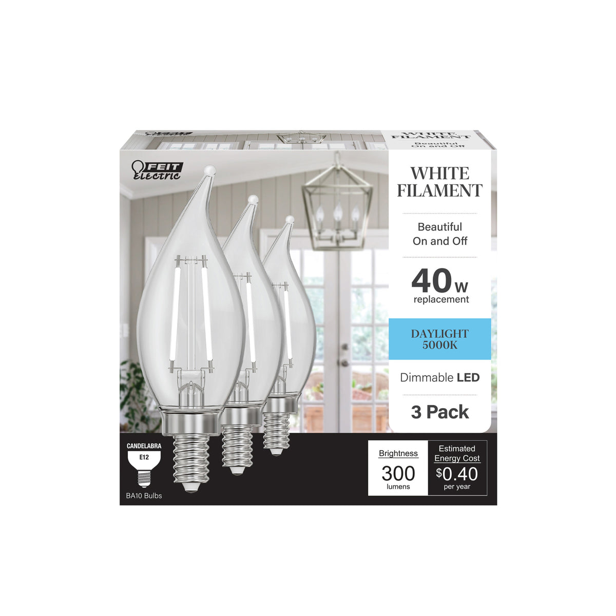3.3W (40W Equivalent) Daylight White (5000K) BA10 (E12 Base) Flame Tip Exposed White Filament LED Bulb (3-Pack)