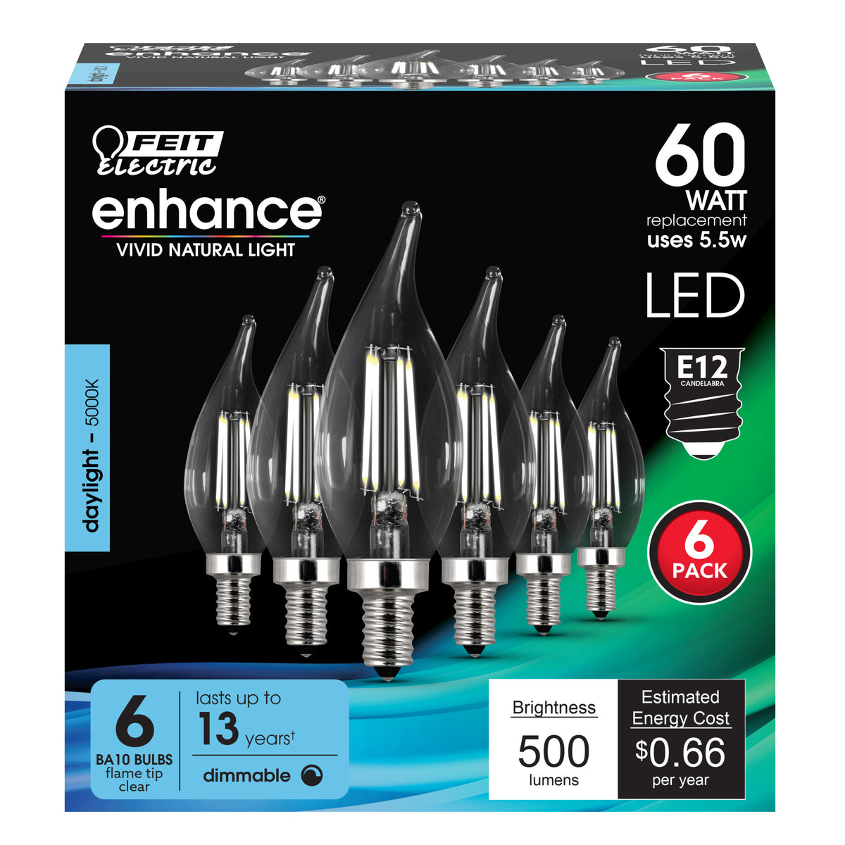 60W Replacement BA10 Dimmable Daylight LED Filament Decorative Enhance (6-Pack)