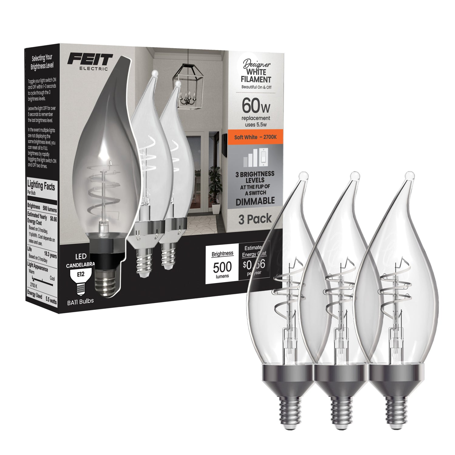 5.5W (60W Replacement) Soft White (2700K) E12 Base BA11 Flame Tip 3-Level Dimming White Filament Bulb (3-Pack)