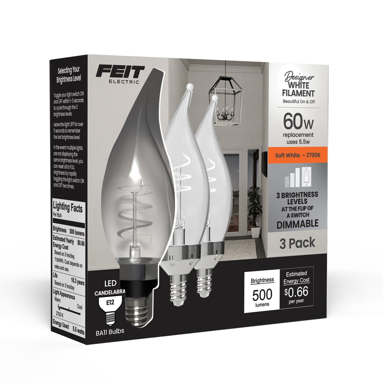 5.5W (60W Replacement) Soft White (2700K) E12 Base BA11 Flame Tip 3-Level Dimming White Filament Bulb (3-Pack)