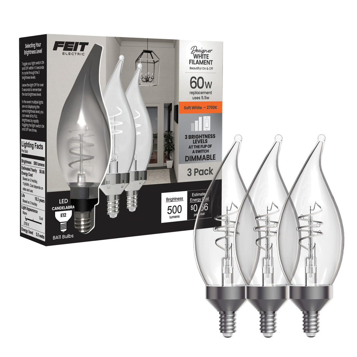 5.5W (60W Replacement) Soft White (2700K) E12 Base BA11 Flame Tip 3-Level Dimming White Filament Bulb (3-Pack)
