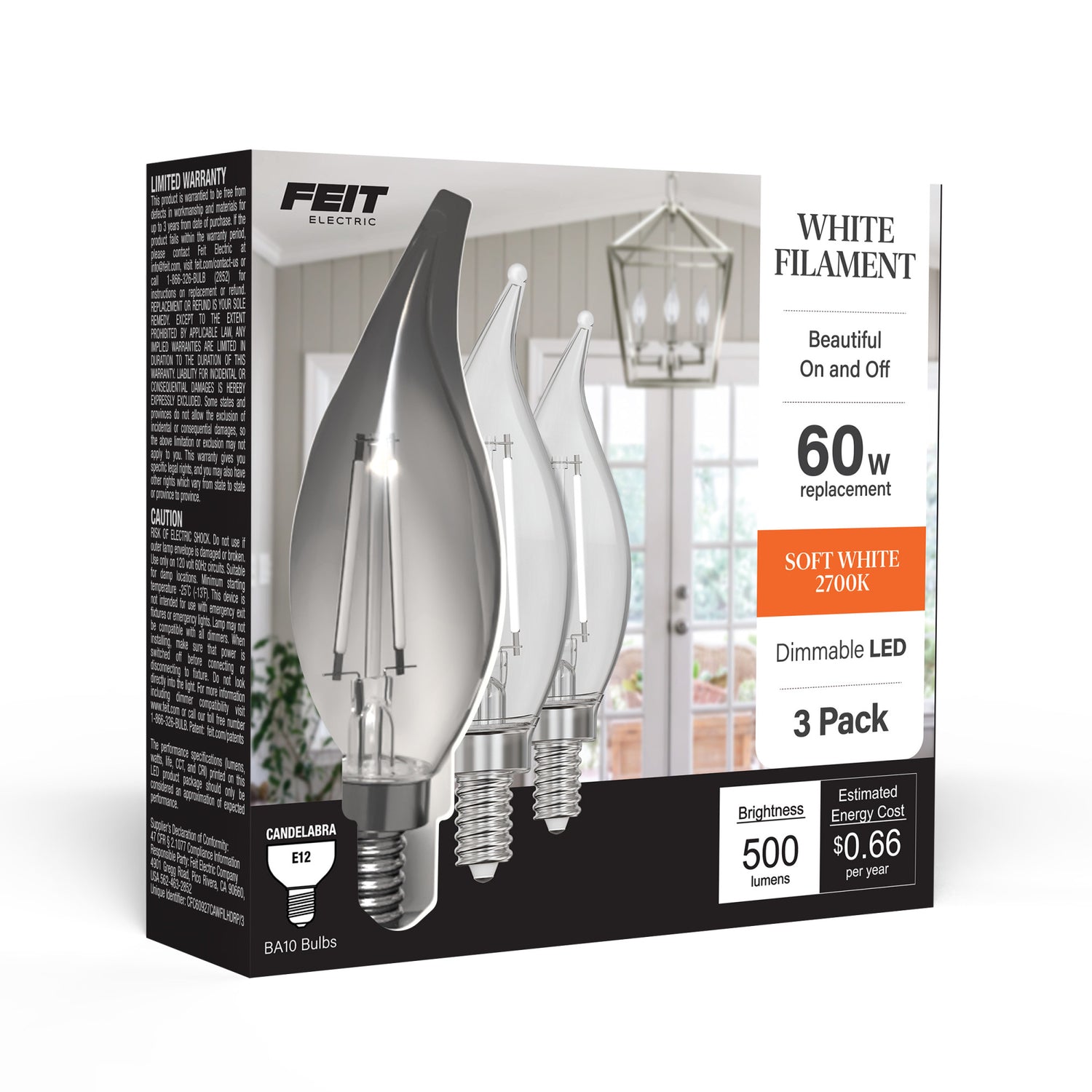 5.5W (60W Replacement) Soft White (2700K) BA10 Shape (E12 Base) Flame Tip Exposed White Filament Light Bulb (3-Pack)