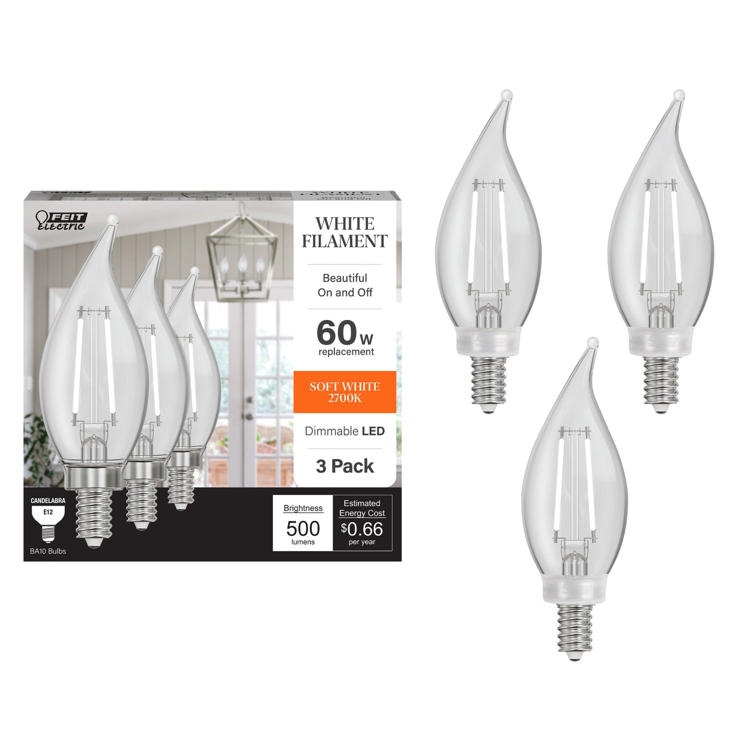 5.5W (60W Replacement) Soft White (2700K) BA10 Shape (E12 Base) Flame Tip Exposed White Filament Light Bulb (3-Pack)