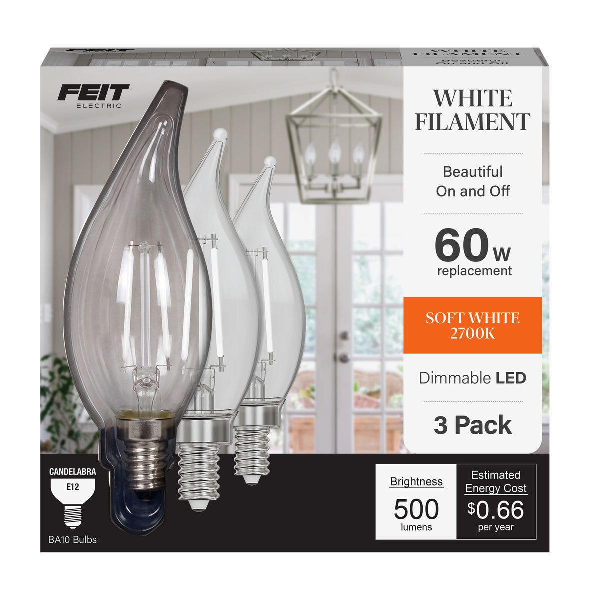 5.5W (60W Replacement) Soft White (2700K) BA10 Shape (E12 Base) Flame Tip Exposed White Filament Light Bulb (3-Pack)