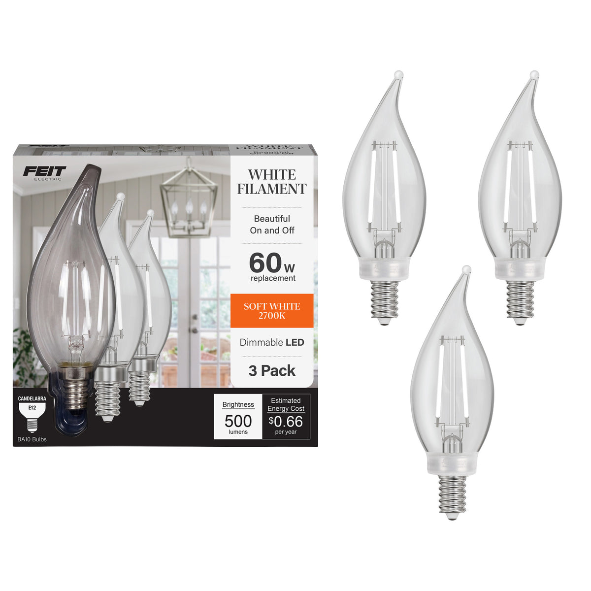 5.5W (60W Replacement) Soft White (2700K) BA10 Shape (E12 Base) Flame Tip Exposed White Filament Light Bulb (3-Pack)
