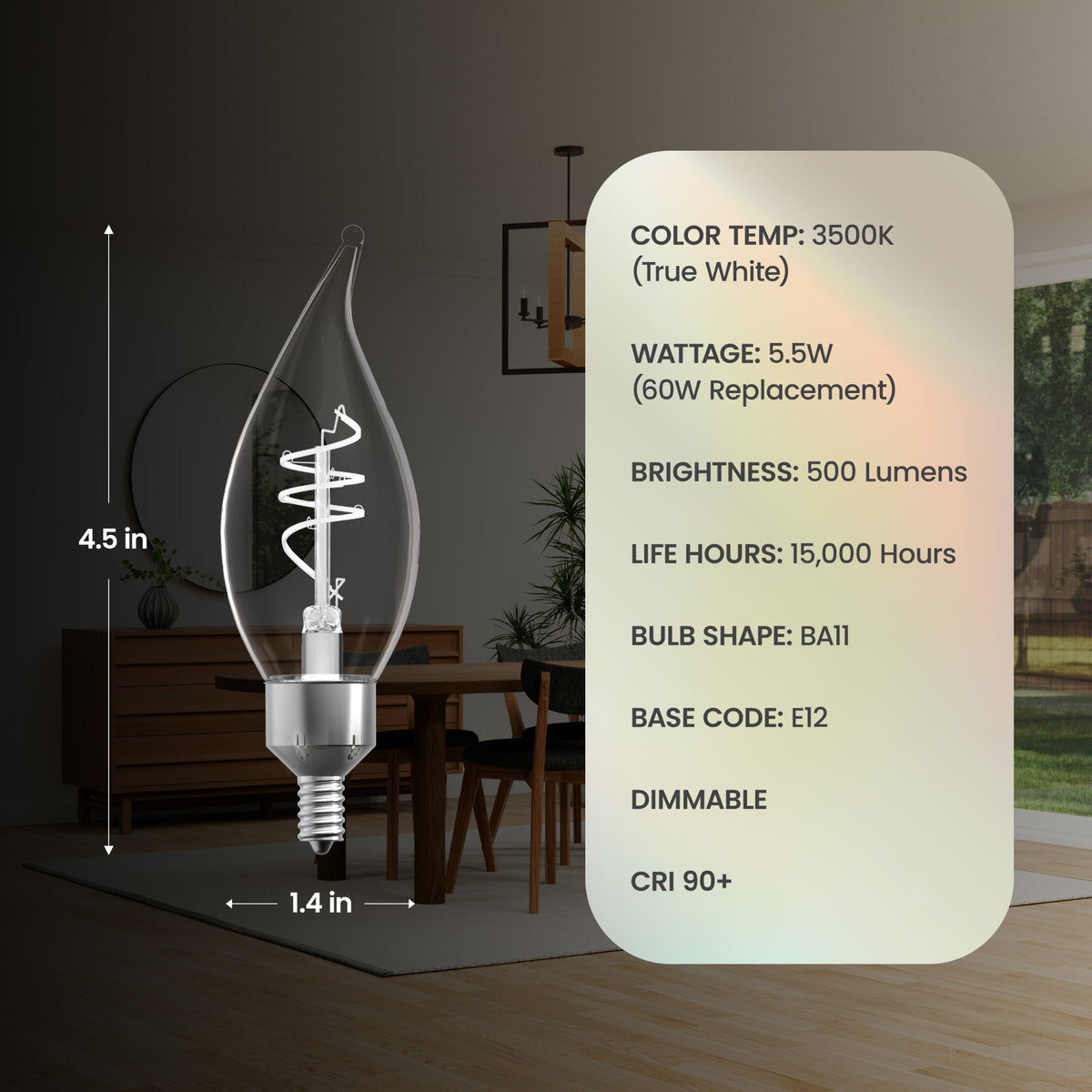 5.5W (60W Replacement) True White (3500K) E12 Base BA11 Flame Tip 3-Level Dimming White Filament LED Bulb (3-Pack)