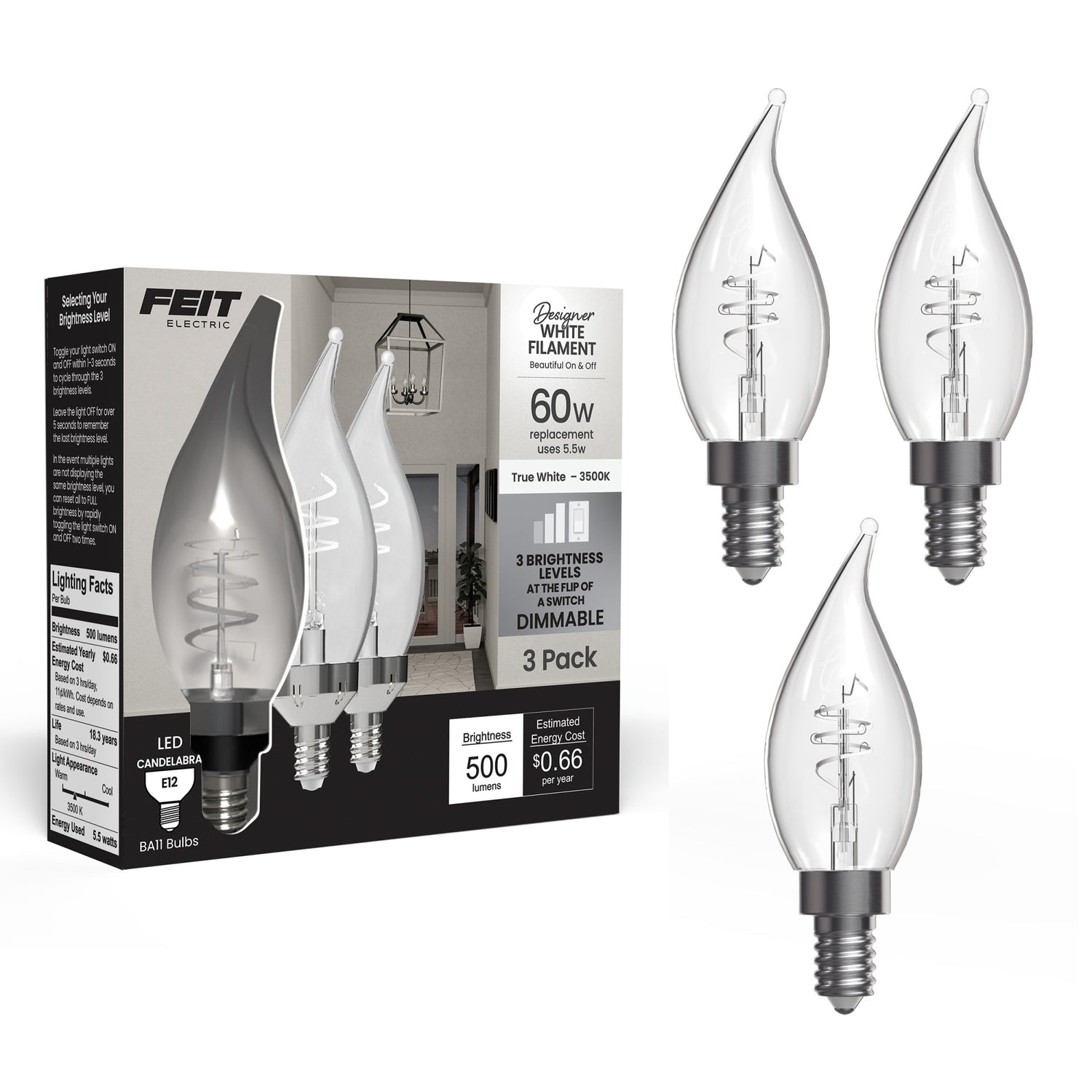 5.5W (60W Replacement) True White (3500K) E12 Base BA11 Flame Tip 3-Level Dimming White Filament LED Bulb (3-Pack)