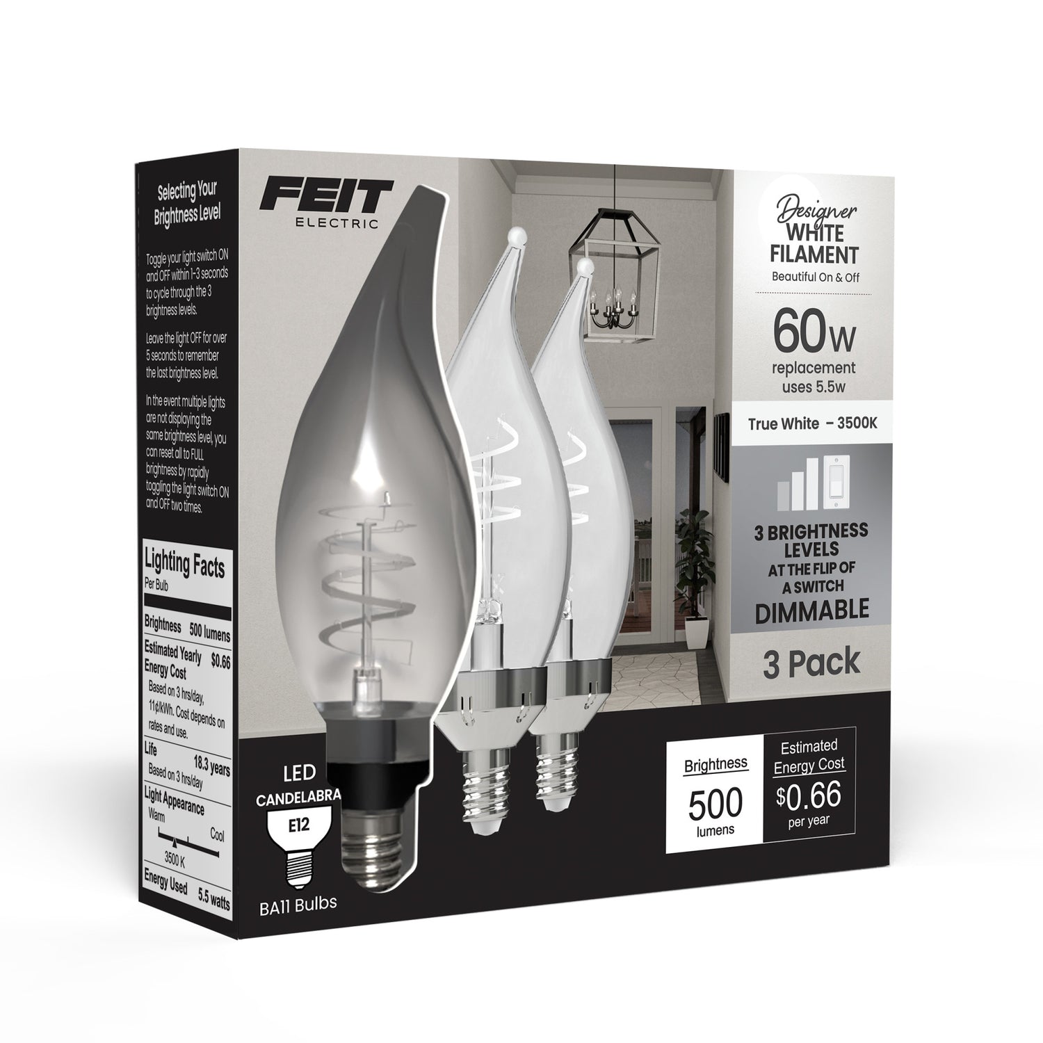 5.5W (60W Replacement) True White (3500K) E12 Base BA11 Flame Tip 3-Level Dimming White Filament LED Bulb (3-Pack)