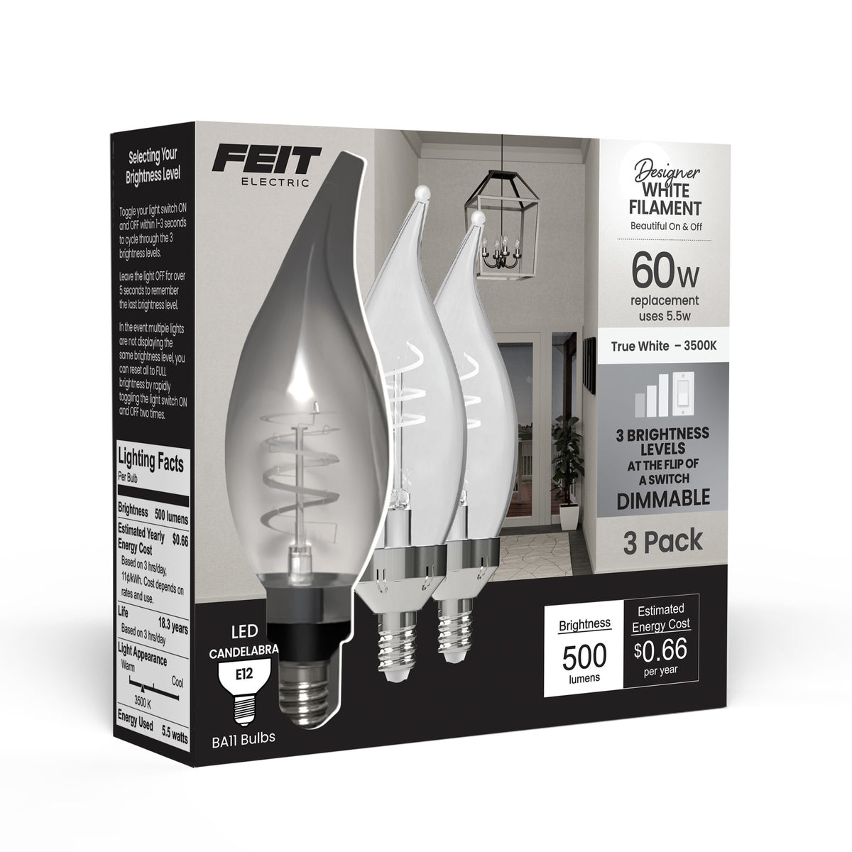 5.5W (60W Replacement) True White (3500K) E12 Base BA11 Flame Tip 3-Level Dimming White Filament LED Bulb (3-Pack)