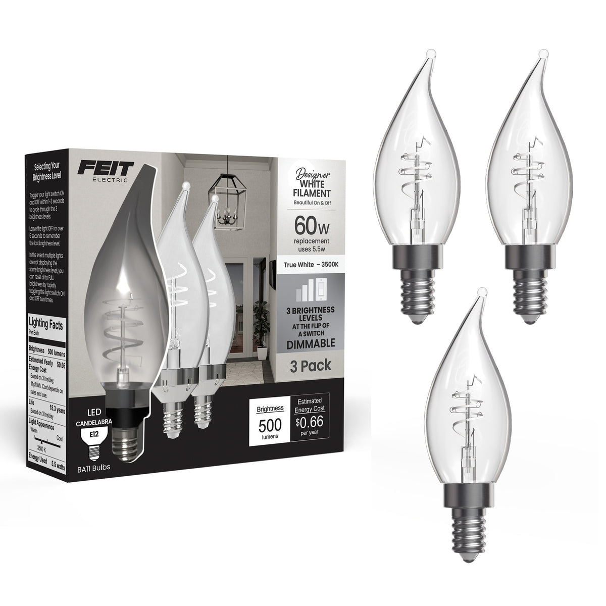 5.5W (60W Replacement) True White (3500K) E12 Base BA11 Flame Tip 3-Level Dimming White Filament LED Bulb (3-Pack)