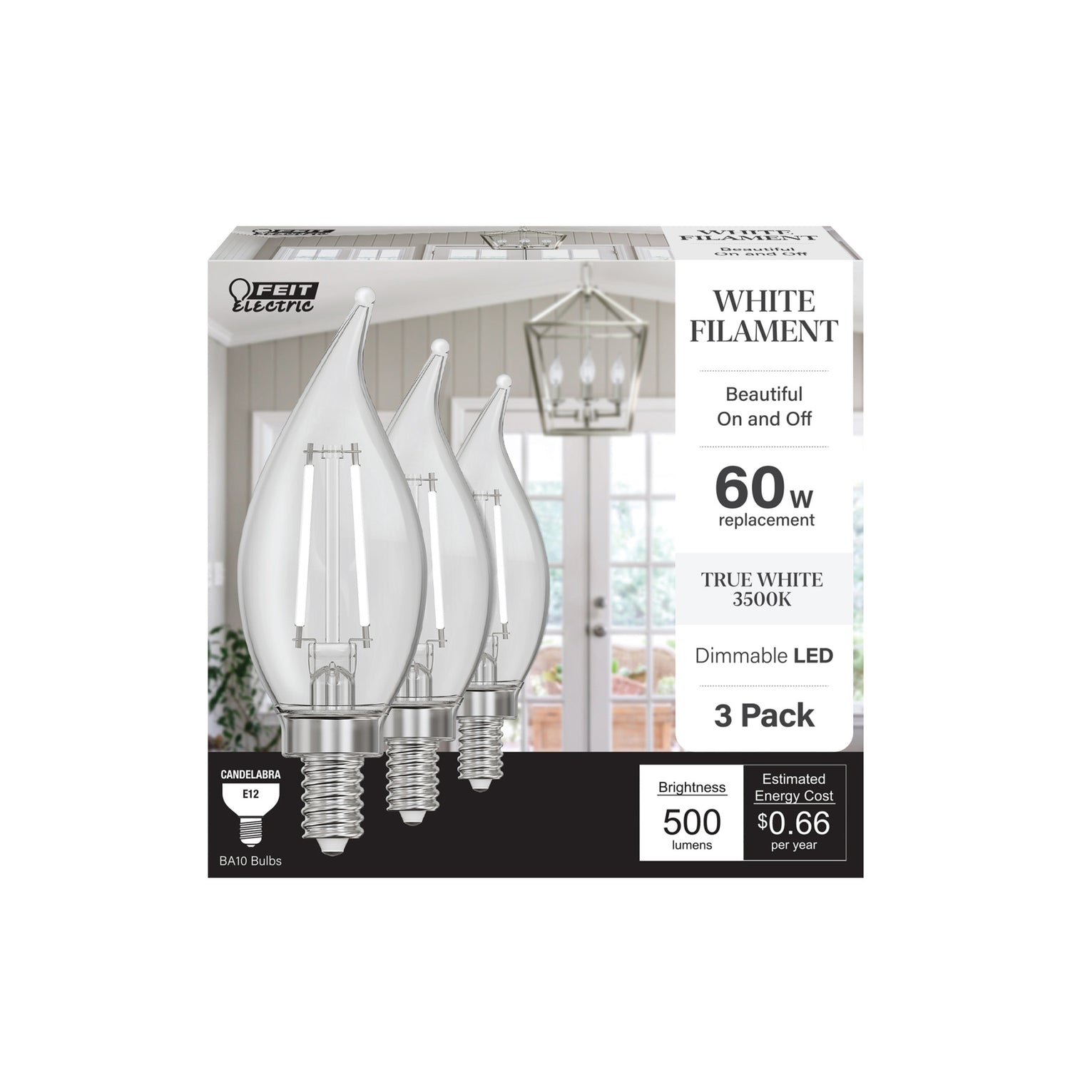 5.5W (60W Replacement) True White (3500K) Flame Tip BA10 (E12 Base) Exposed White Filament LED Bulb (3-Pack)