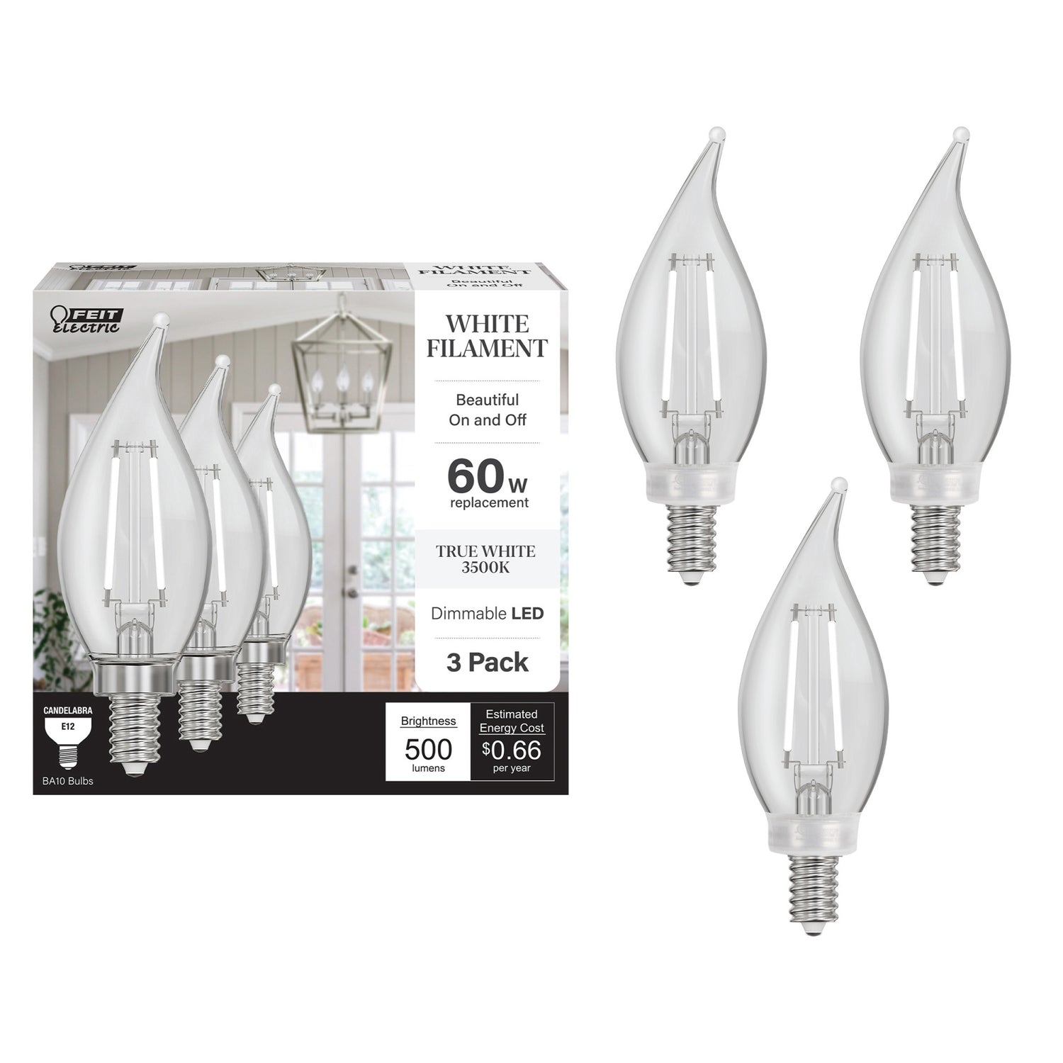 5.5W (60W Replacement) True White (3500K) Flame Tip BA10 (E12 Base) Exposed White Filament LED Bulb (3-Pack)