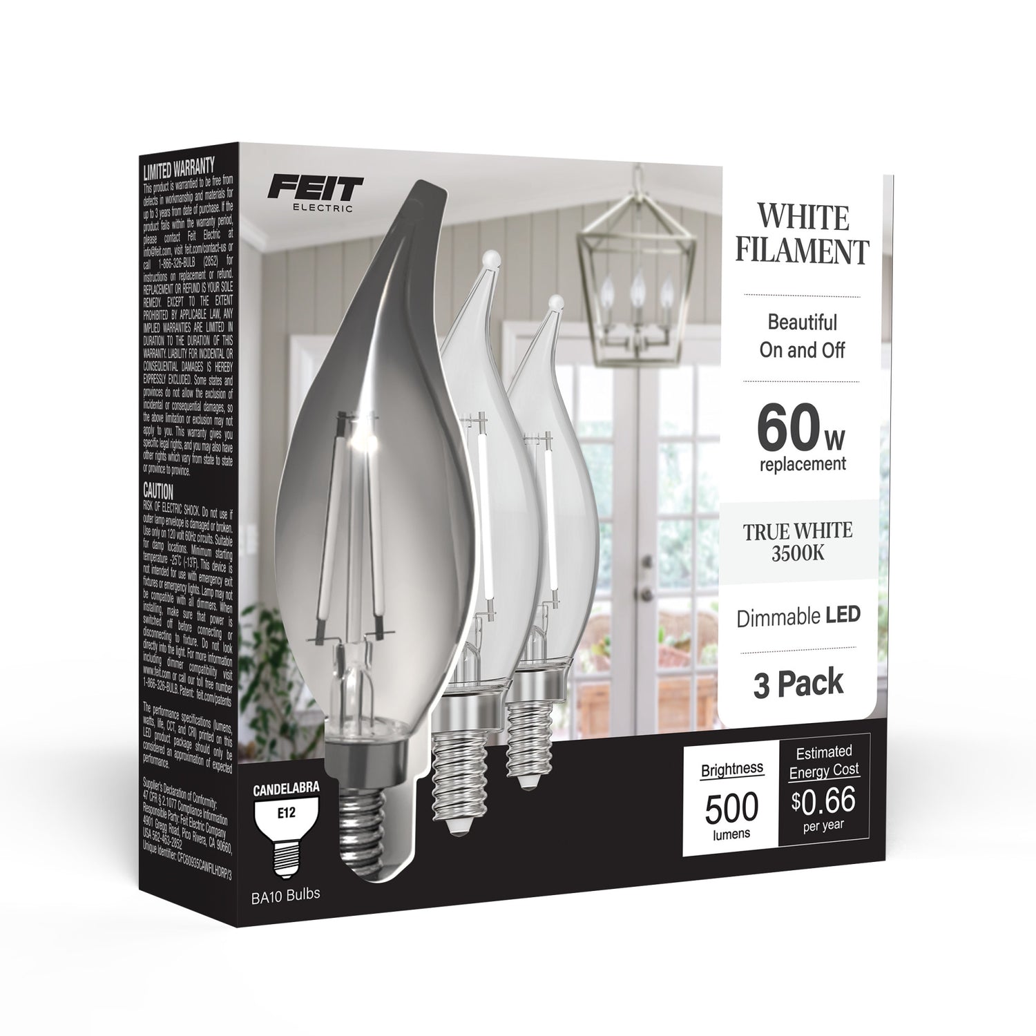 5.5W (60W Replacement) True White (3500K) Flame Tip BA10 (E12 Base) Exposed White Filament LED Bulb (3-Pack)