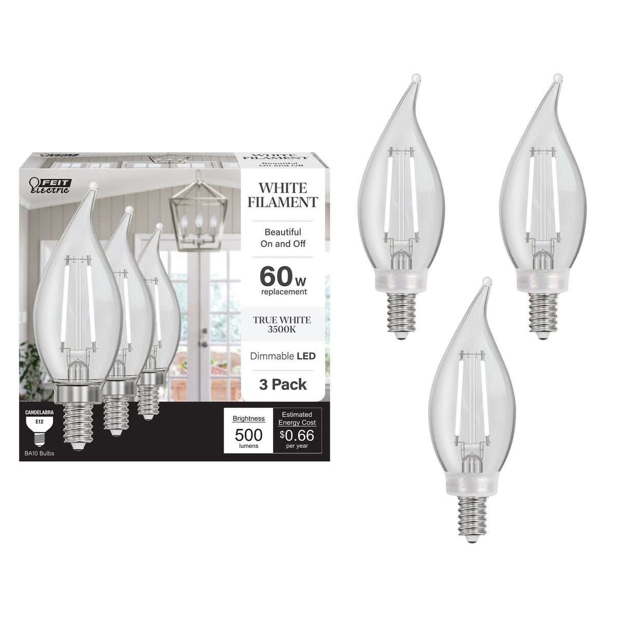 5.5W (60W Replacement) True White (3500K) Flame Tip BA10 (E12 Base) Exposed White Filament LED Bulb (3-Pack)