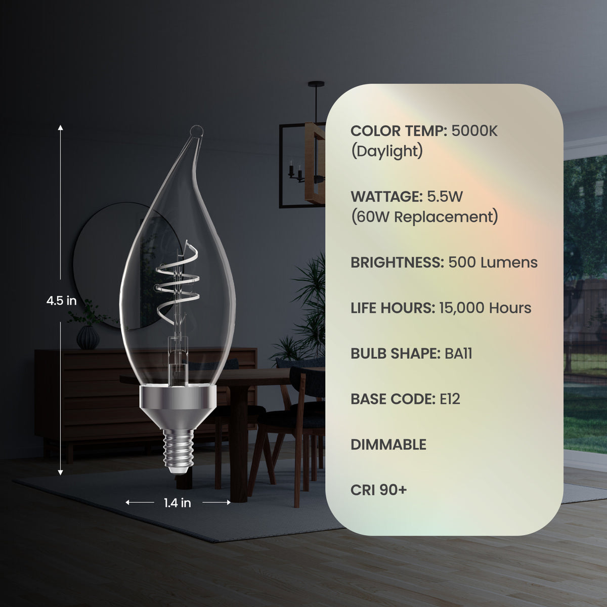 5.5W (60W Replacement) Daylight (5000K) E12 Base BA11 Shape Flame Tip 3-Level Dimming White Filament LED Bulb (3-Pack)