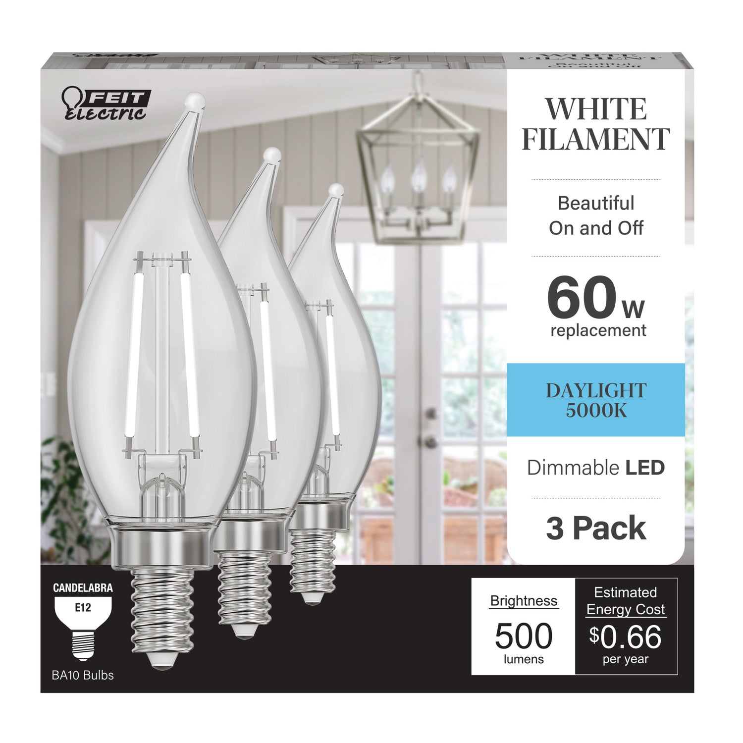 5.5W (60W Replacement) Daylight (5000K) BA10 Shape (E12 Base) Flame Tip Exposed White Filament LED Bulb (3-Pack)