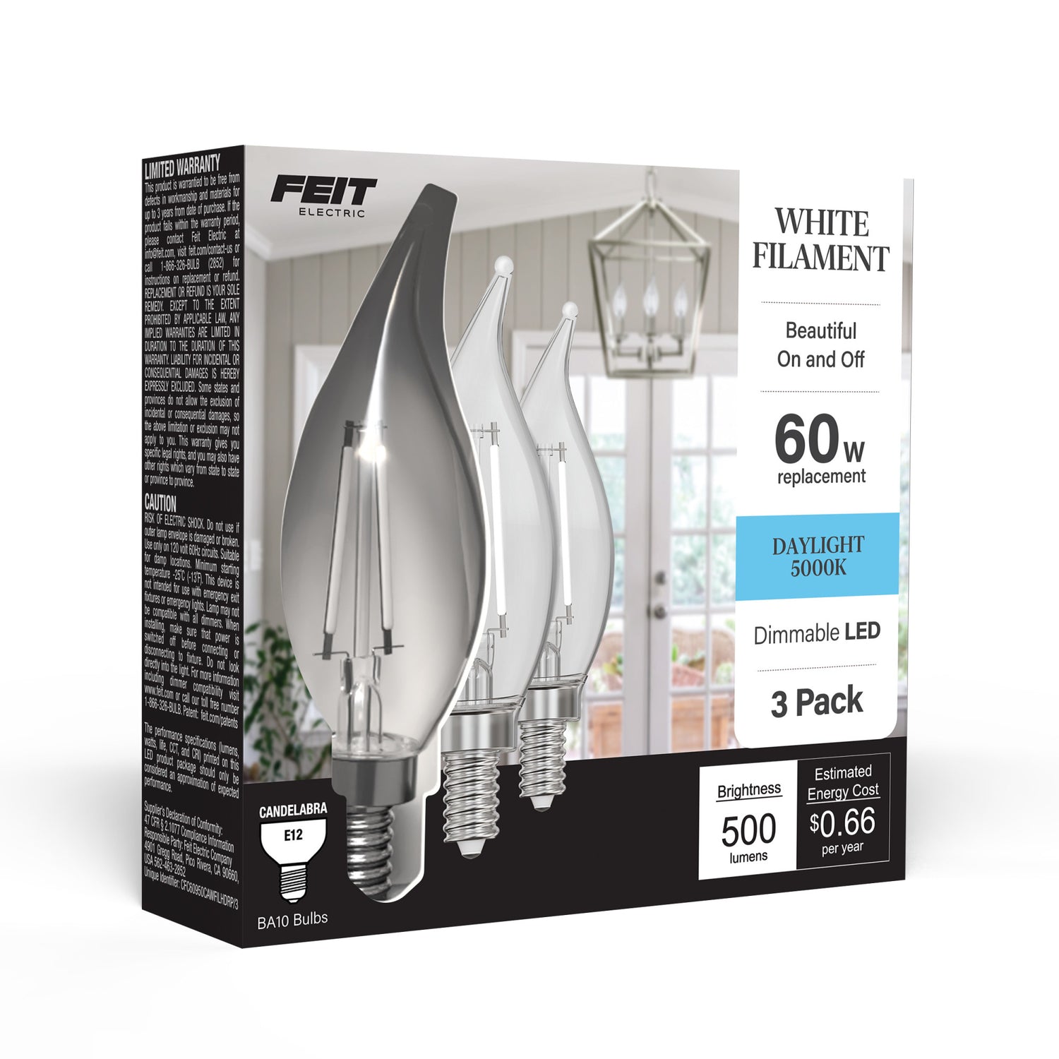 5.5W (60W Replacement) Daylight (5000K) BA10 Shape (E12 Base) Flame Tip Exposed White Filament LED Bulb (3-Pack)