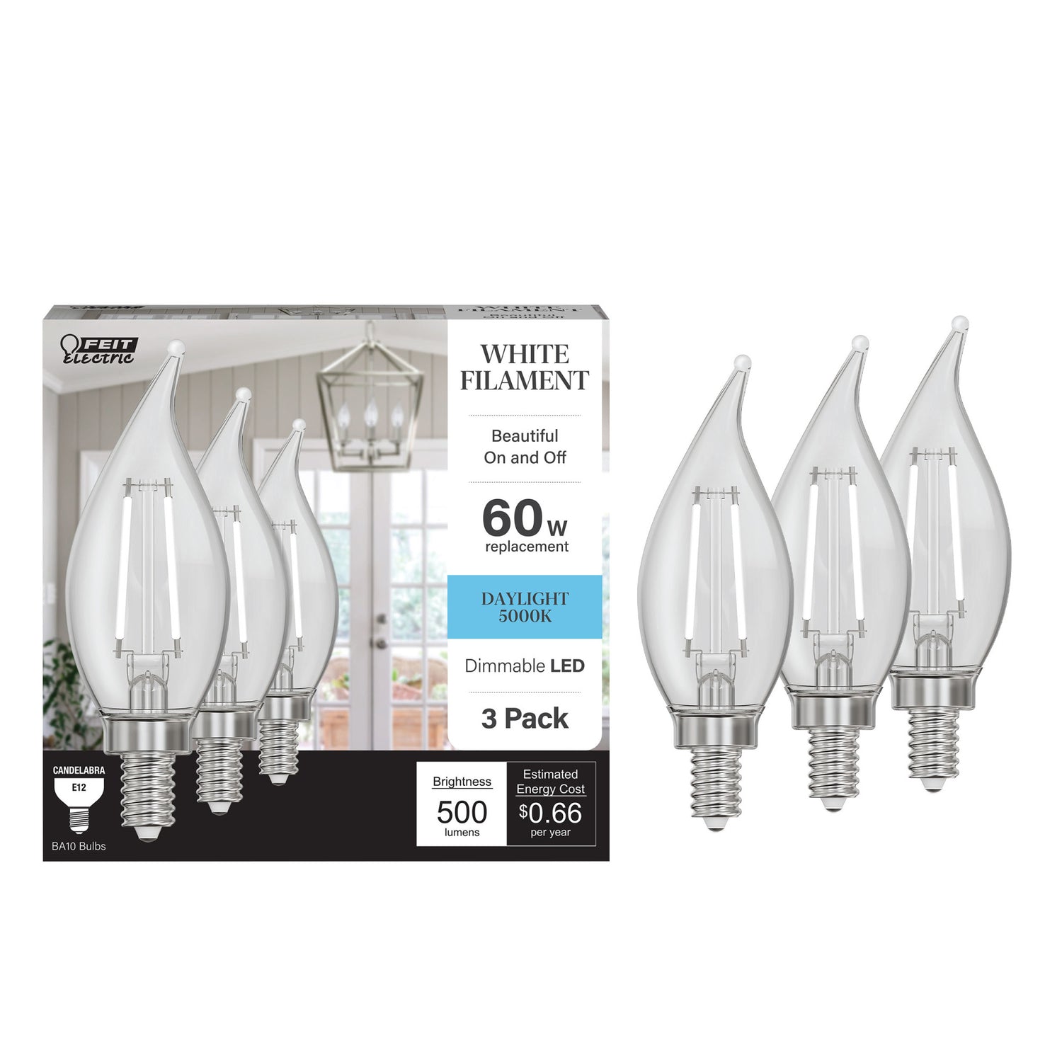 5.5W (60W Replacement) Daylight (5000K) BA10 Shape (E12 Base) Flame Tip Exposed White Filament LED Bulb (3-Pack)