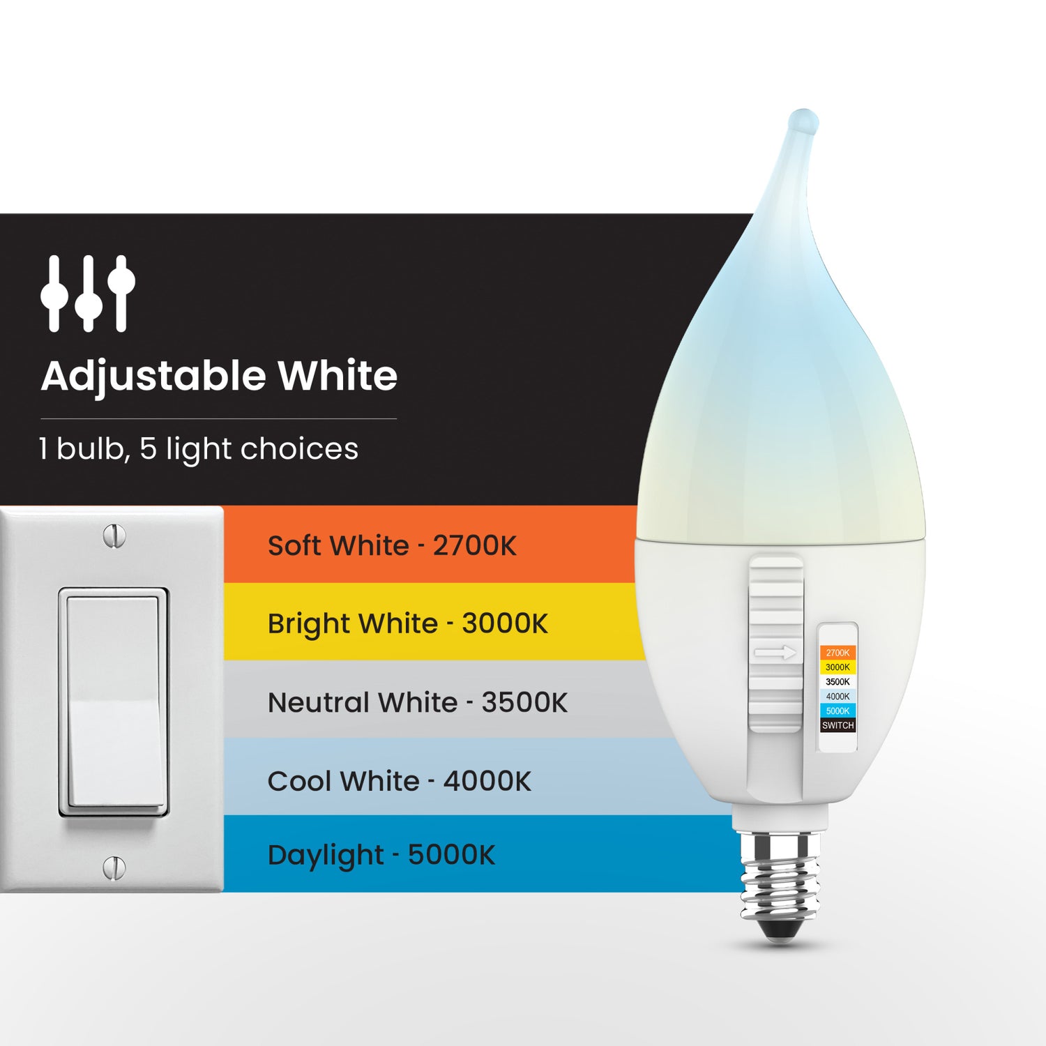 5W (40W Replacement) Color Selectable E12 Base CA10 Flame Tip Dimmable LED Bulb (2-Pack)