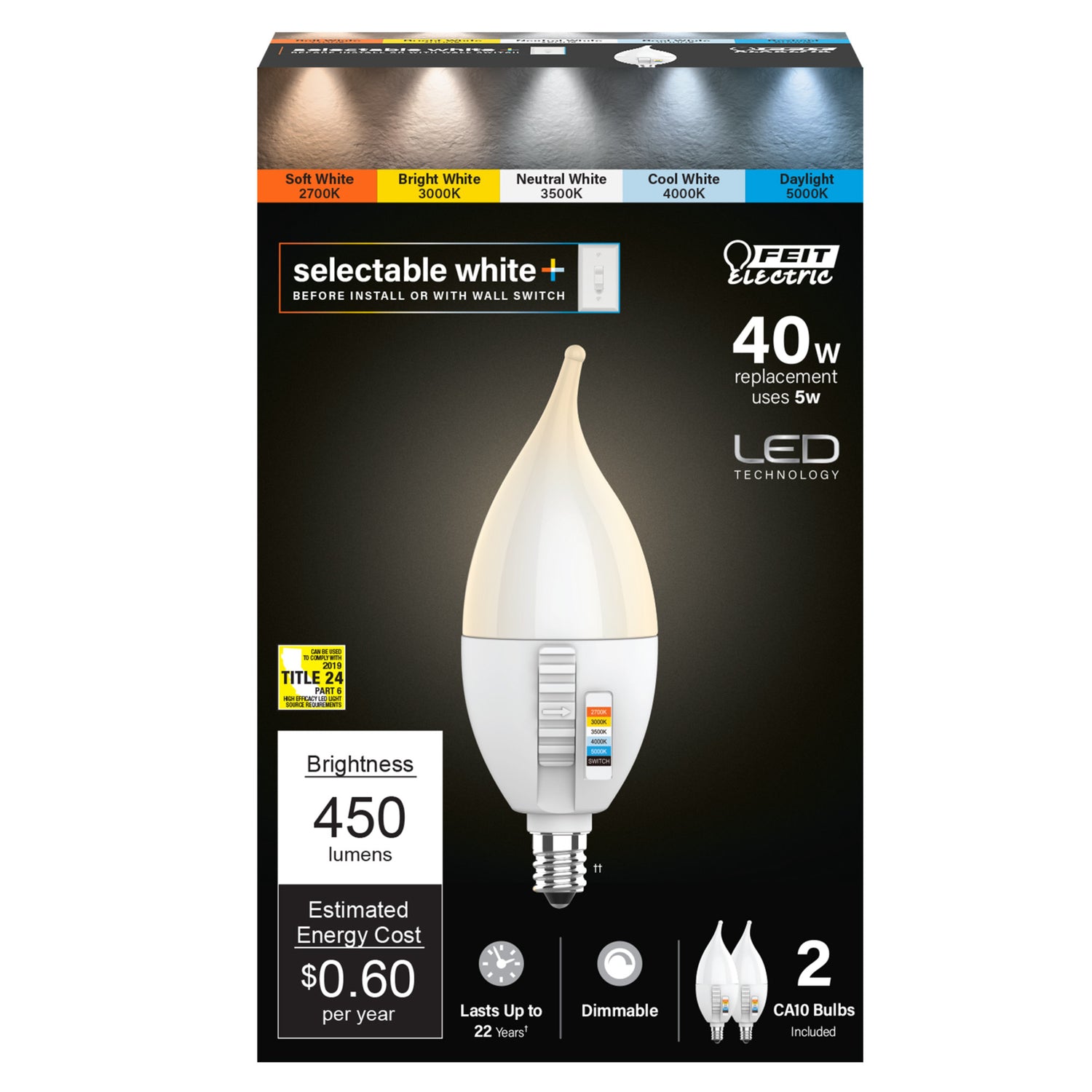 5W (40W Replacement) Color Selectable E12 Base CA10 Flame Tip Dimmable LED Bulb (2-Pack)