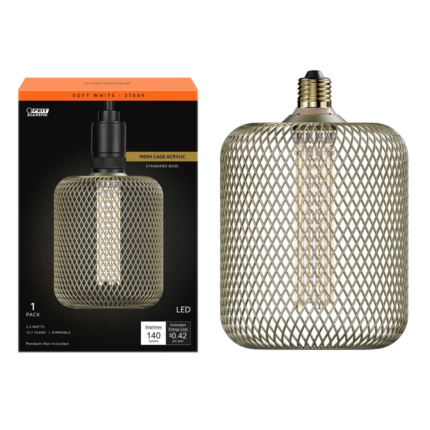 3.5W Soft White (2700K) Large Gold Mesh Cage Acrylic LED Bulb