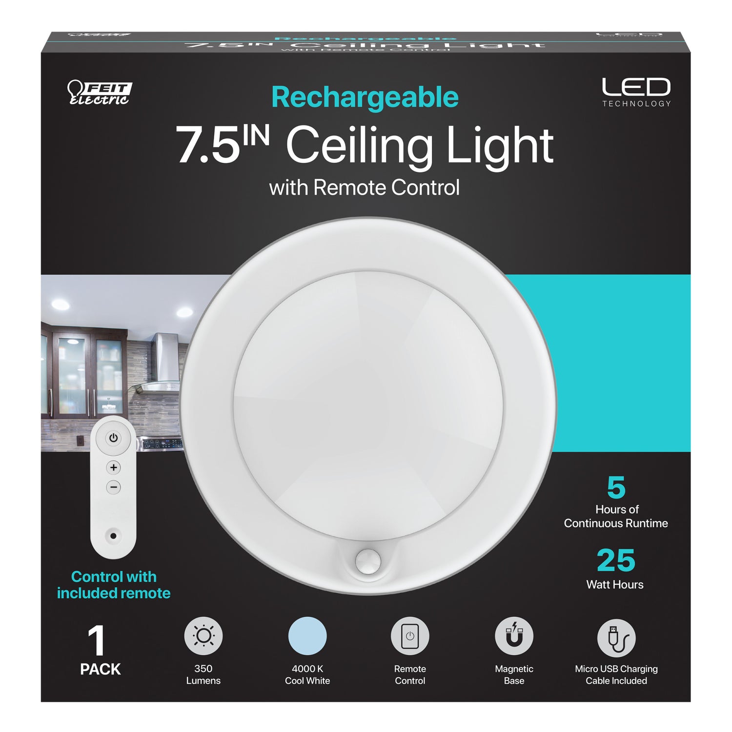 7.5 in. Round Rechargeable Battery Remote Controlled Ceiling Fixture - Feit Electric