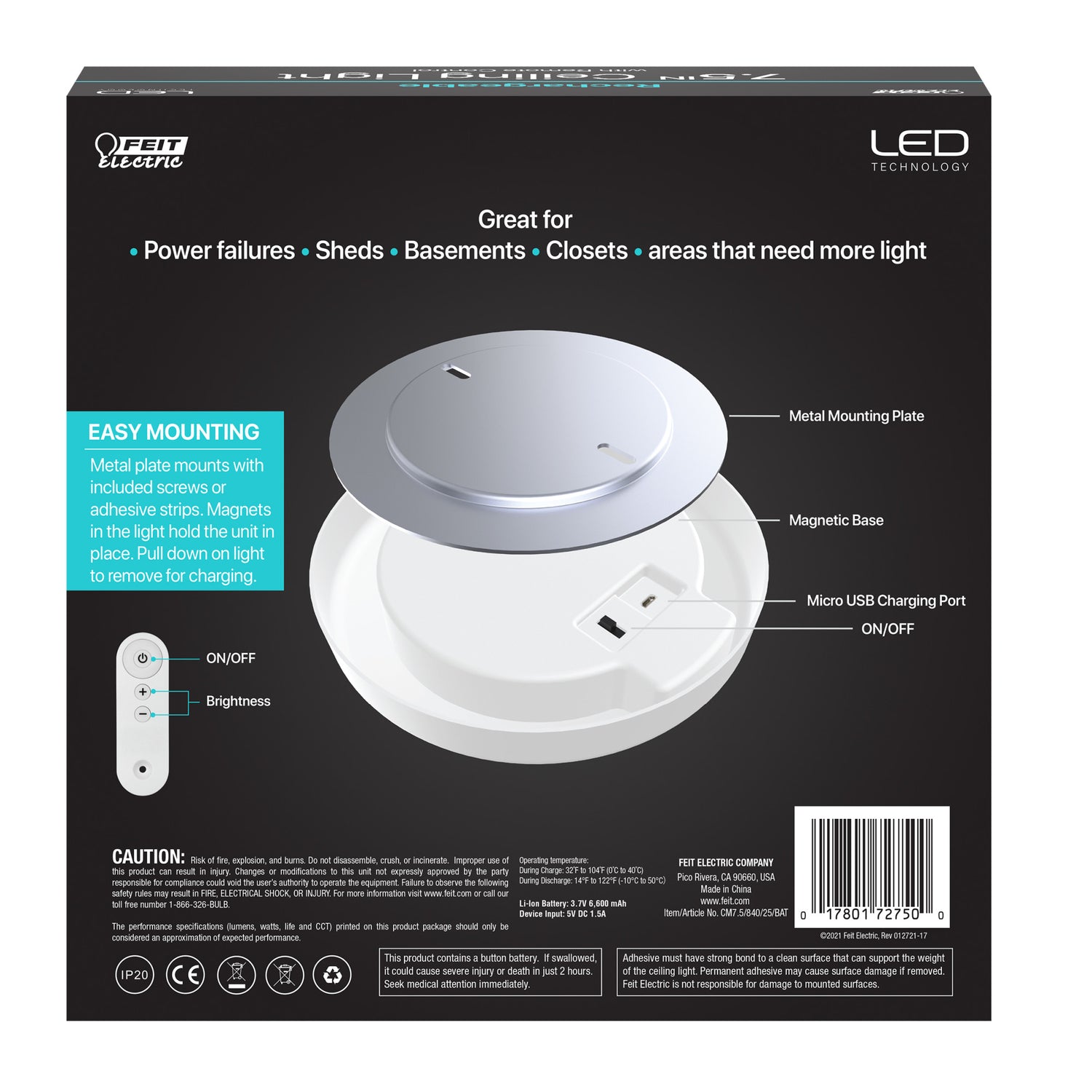 7.5 in. Round Rechargeable Battery Remote Controlled Ceiling Fixture - Feit Electric