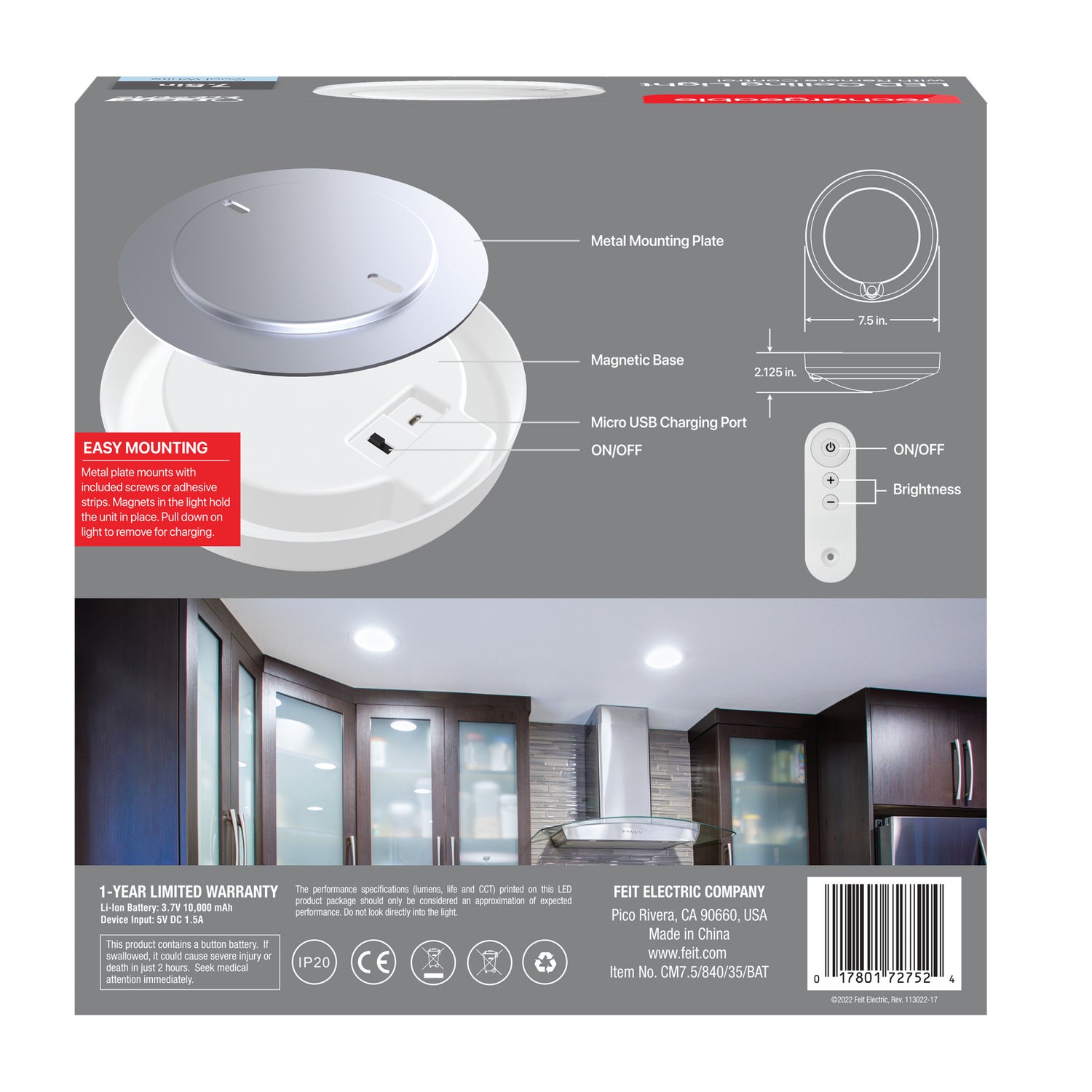 7.5 in. Round Rechargeable Battery Remote Controlled Ceiling Fixture