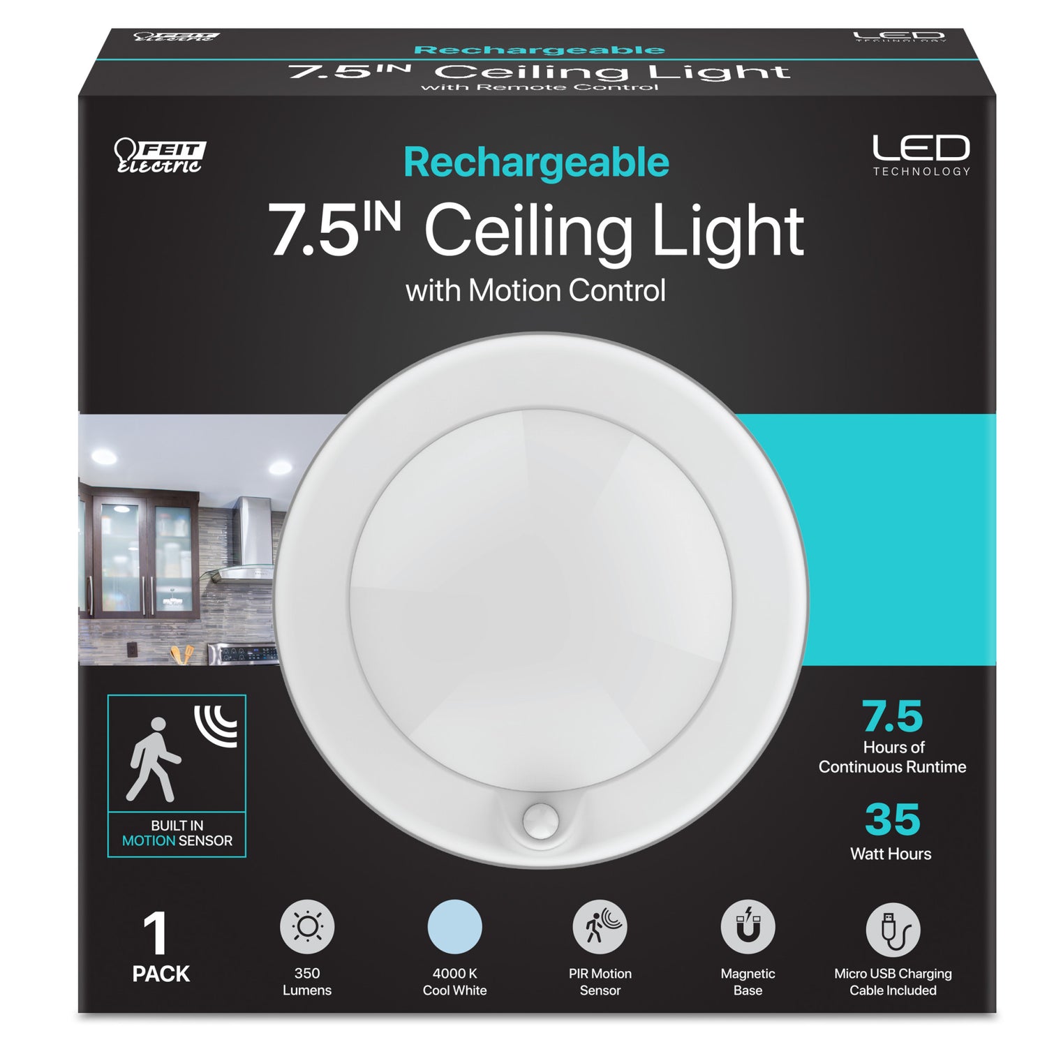 7.5 in. Round Cool White (4000K)Rechargeable Battery Motion Sensing Ceiling Fixture - Feit Electric