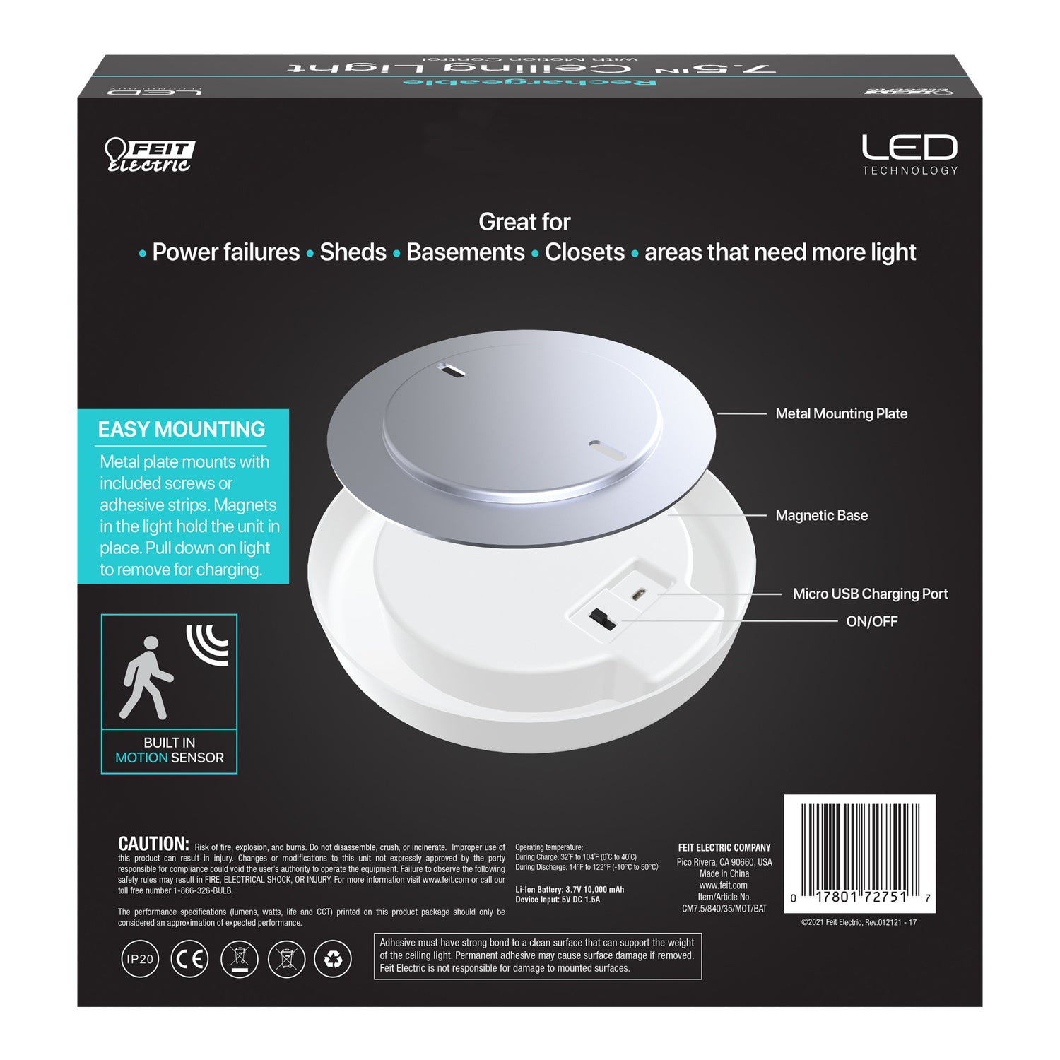 7.5 in. Round Cool White (4000K)Rechargeable Battery Motion Sensing Ceiling Fixture - Feit Electric