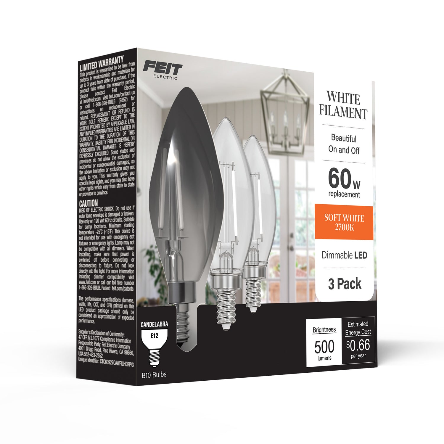 10W (100W Replacement) Soft White (2700K) B10 Shape (E12 Base) Torpedo White Filament Bulb (3-Pack)