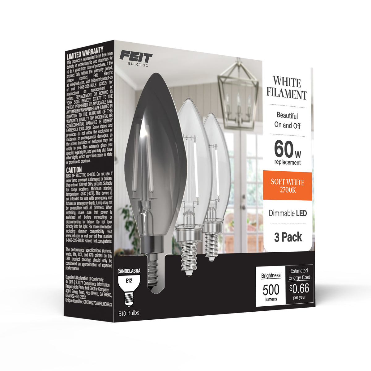 10W (100W Replacement) Soft White (2700K) B10 Shape (E12 Base) Torpedo White Filament Bulb (3-Pack)