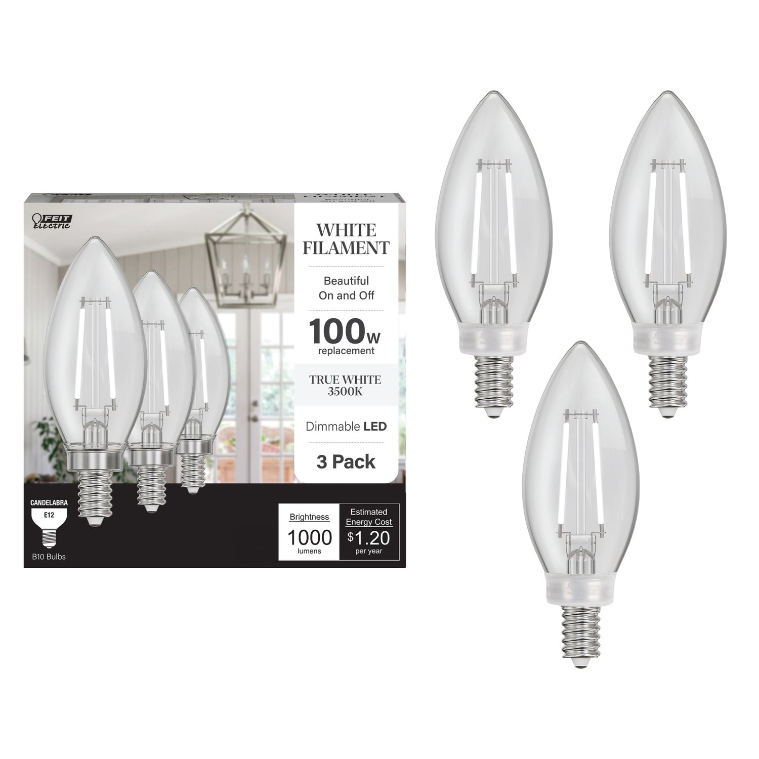 10W (100W Replacement) True White (3500K) B10 Candelabra (E12 Base) Dimmable Torpedo Tip Exposed White Filament Chandelier LED Bulb (3-Pack)