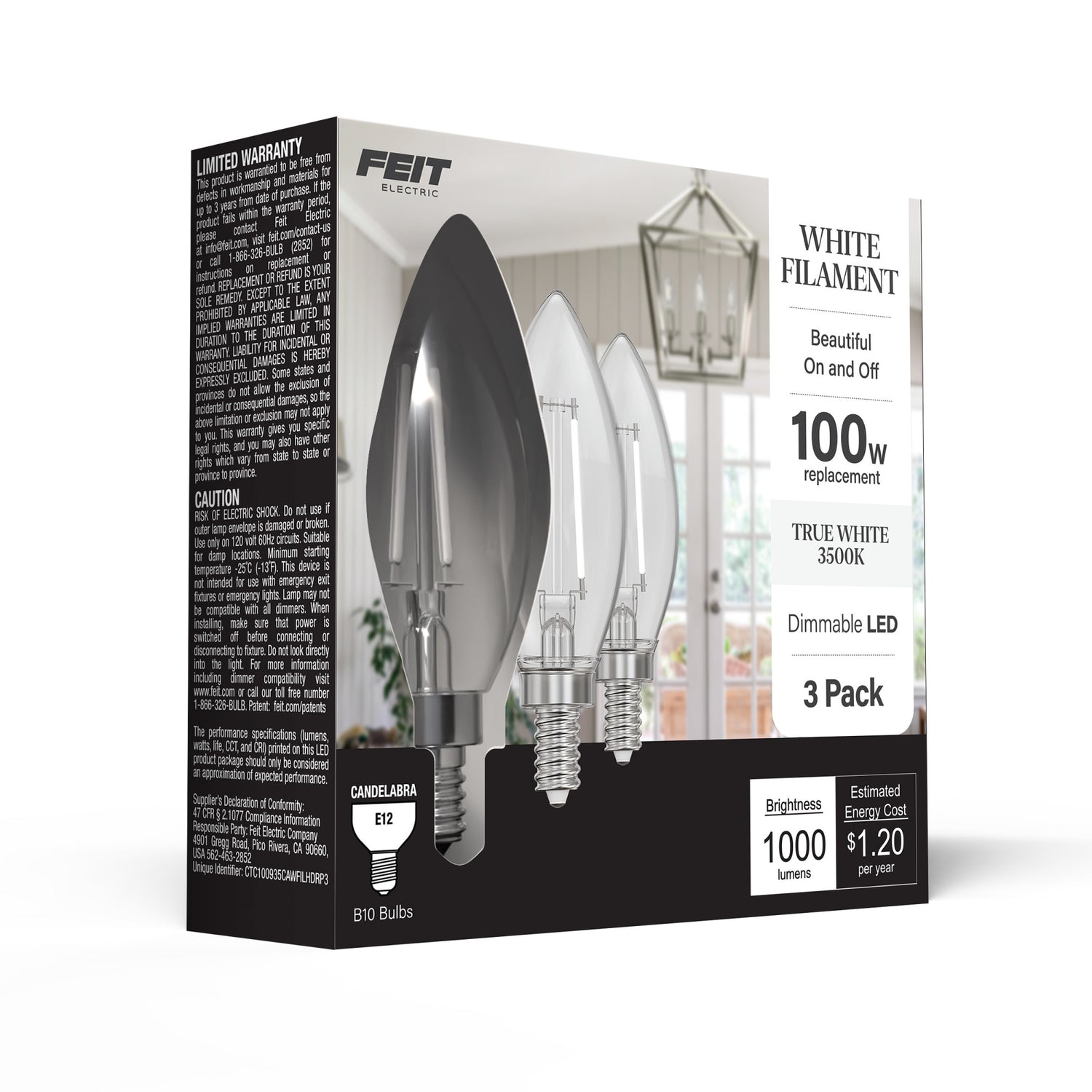 10W (100W Replacement) True White (3500K) B10 Candelabra (E12 Base) Dimmable Torpedo Tip Exposed White Filament Chandelier LED Bulb (3-Pack)