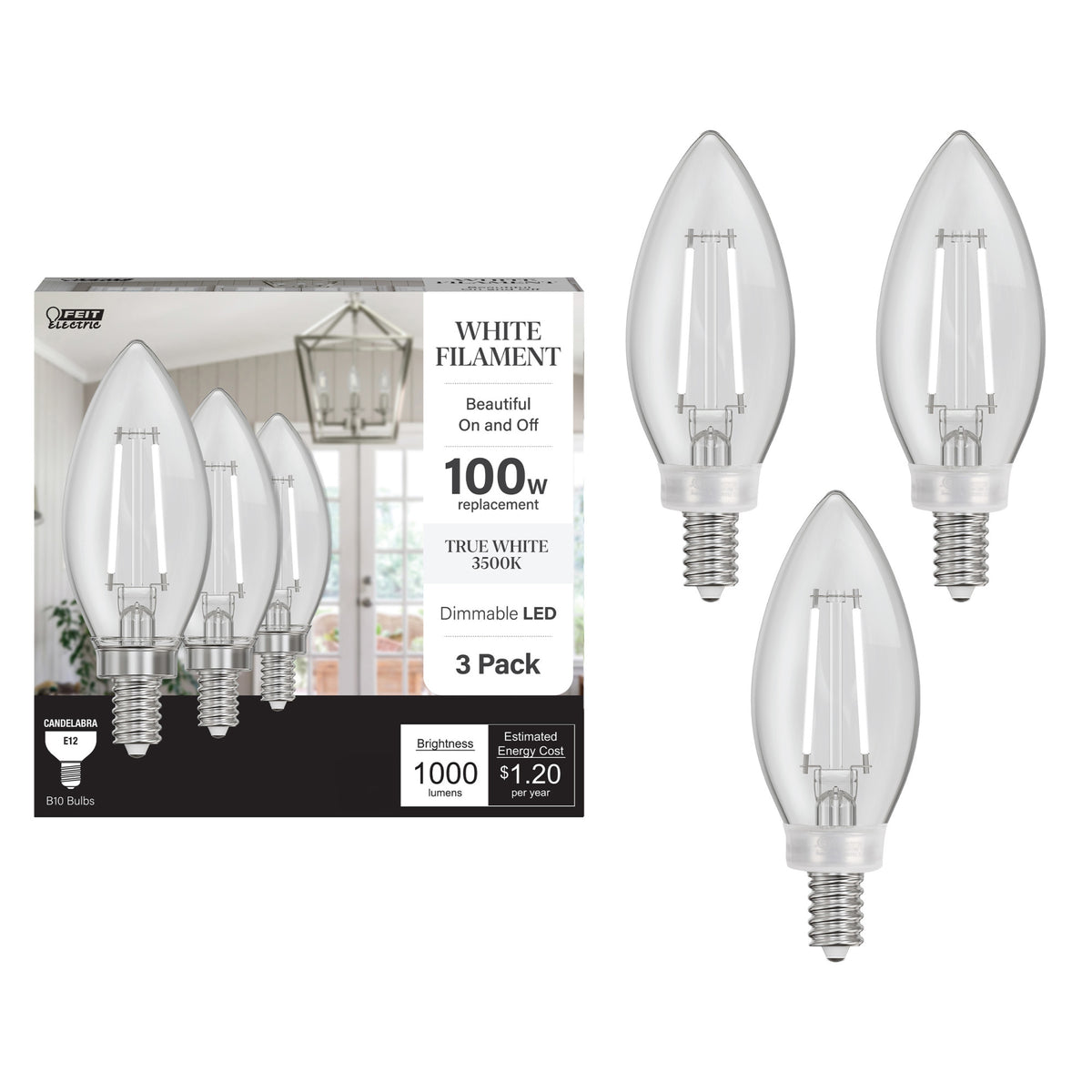 10W (100W Replacement) True White (3500K) B10 Candelabra (E12 Base) Dimmable Torpedo Tip Exposed White Filament Chandelier LED Bulb (3-Pack)