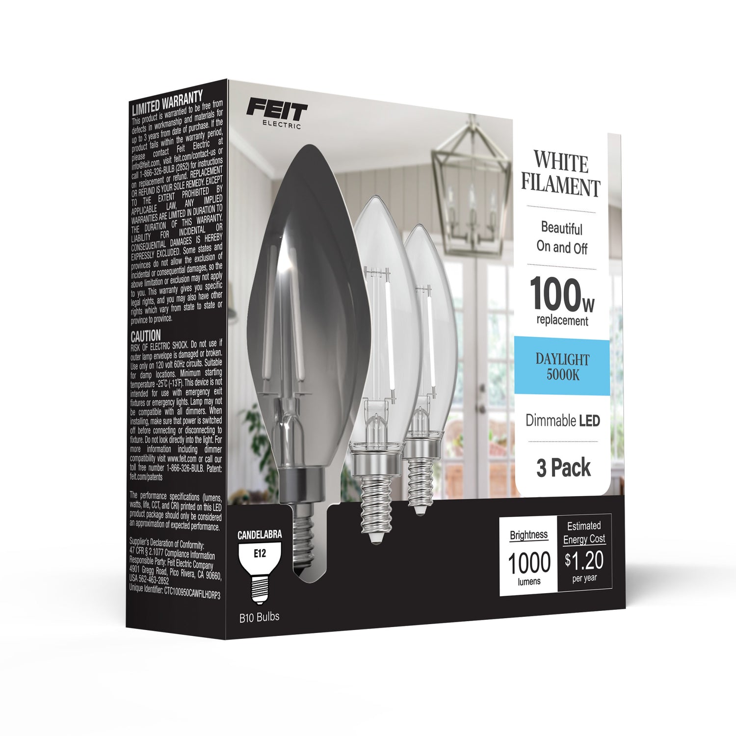 10W (100W Equivalent) Daylight (5000K) B10 Shape (E12 Base) Torpedo Tip LED Exposed White Filament Bulb (3-Pack)