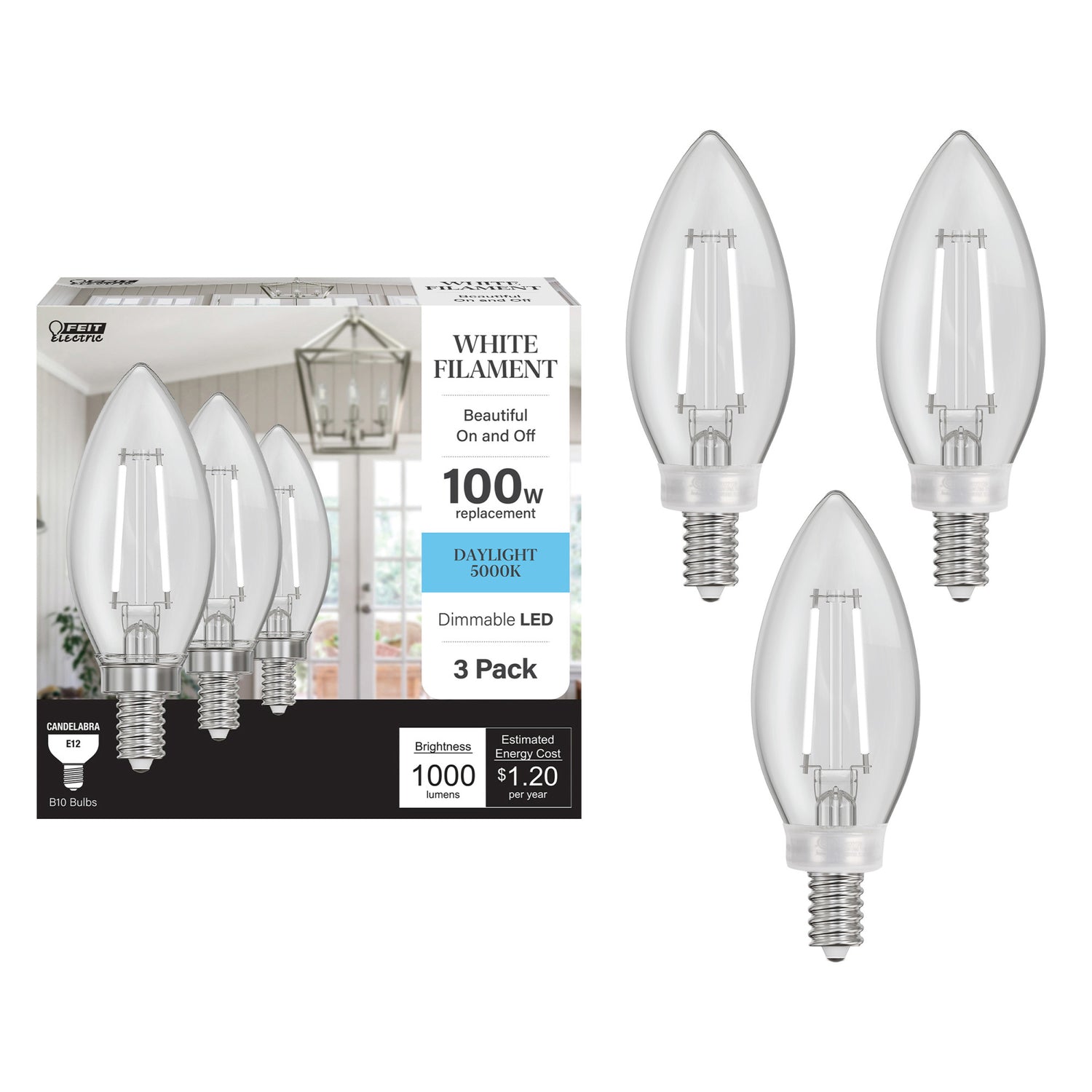 10W (100W Equivalent) Daylight (5000K) B10 Shape (E12 Base) Torpedo Tip LED Exposed White Filament Bulb (3-Pack)