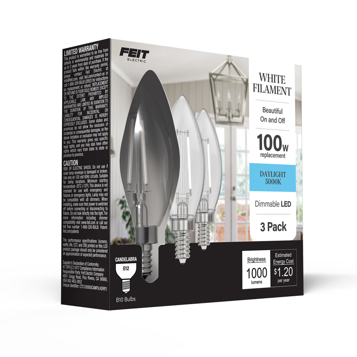 10W (100W Equivalent) Daylight (5000K) B10 Shape (E12 Base) Torpedo Tip LED Exposed White Filament Bulb (3-Pack)