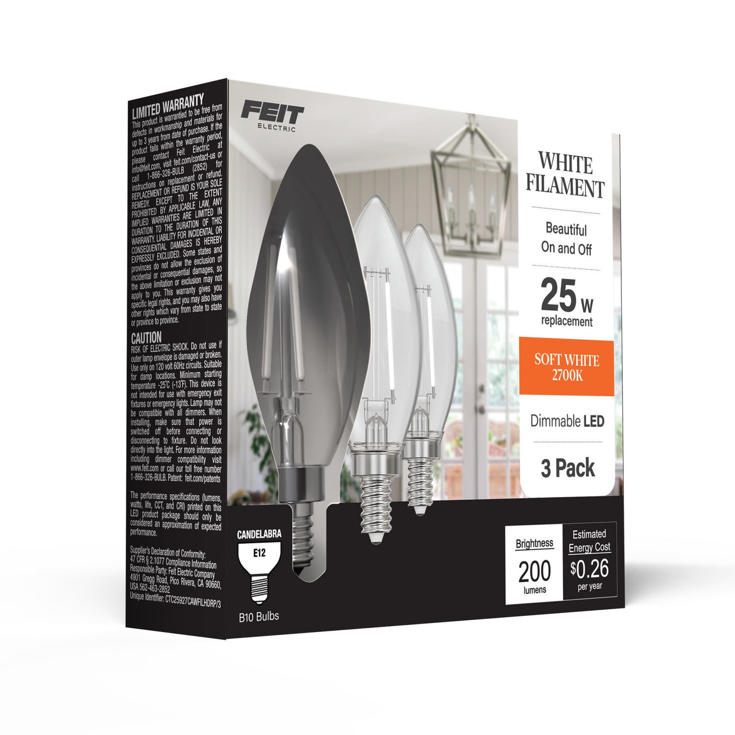 2.2W (25W Replacement) Soft White (2700K) B10 Shape (E12 Base) Torpedo Tip Exposed White Filament LED Bulb (3-Pack)