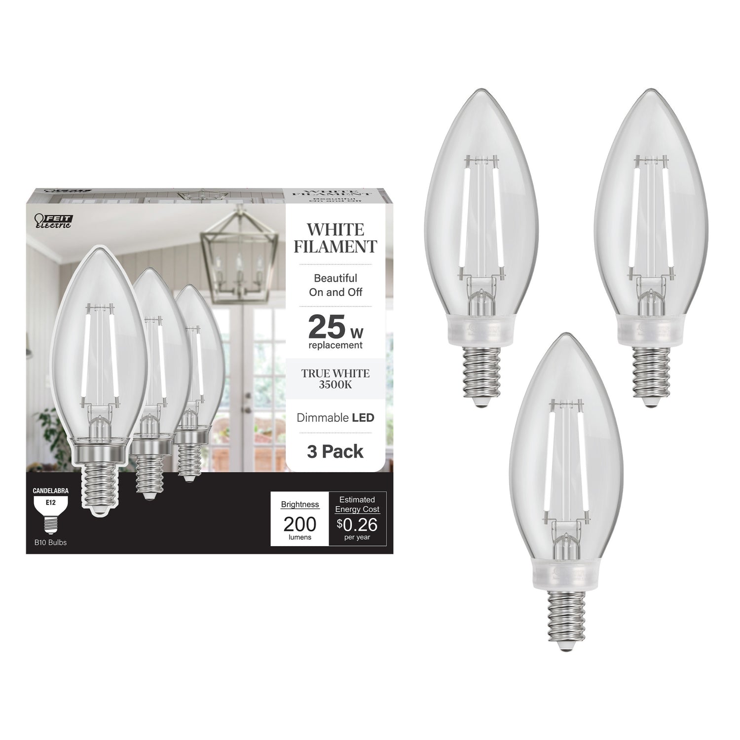2.2W (25W Replacement) True White (3500K) E12 Base Chandelier B10 Torpedo Tip White Filament Light Bulb (3-Pack)